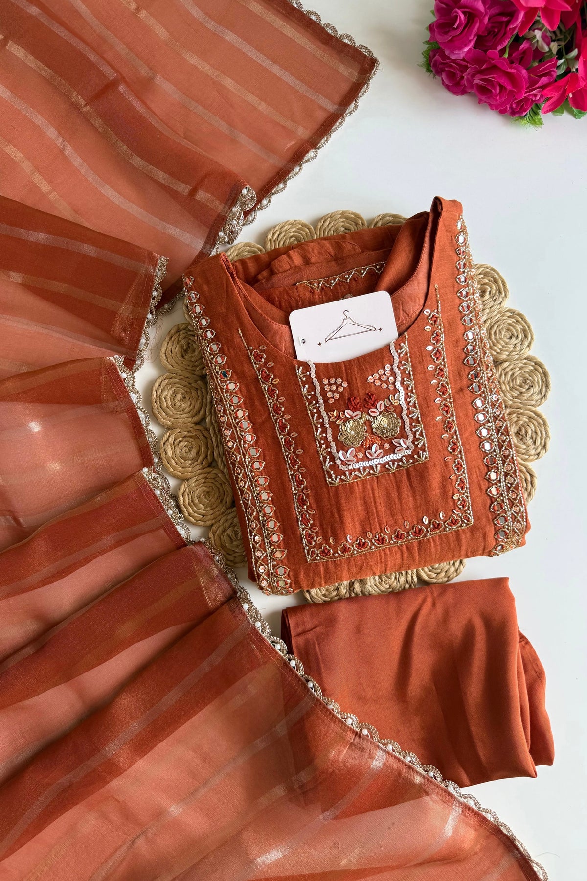 ✨”Noor - Premium Orange Mul Chanderi A-Line Kurta Set