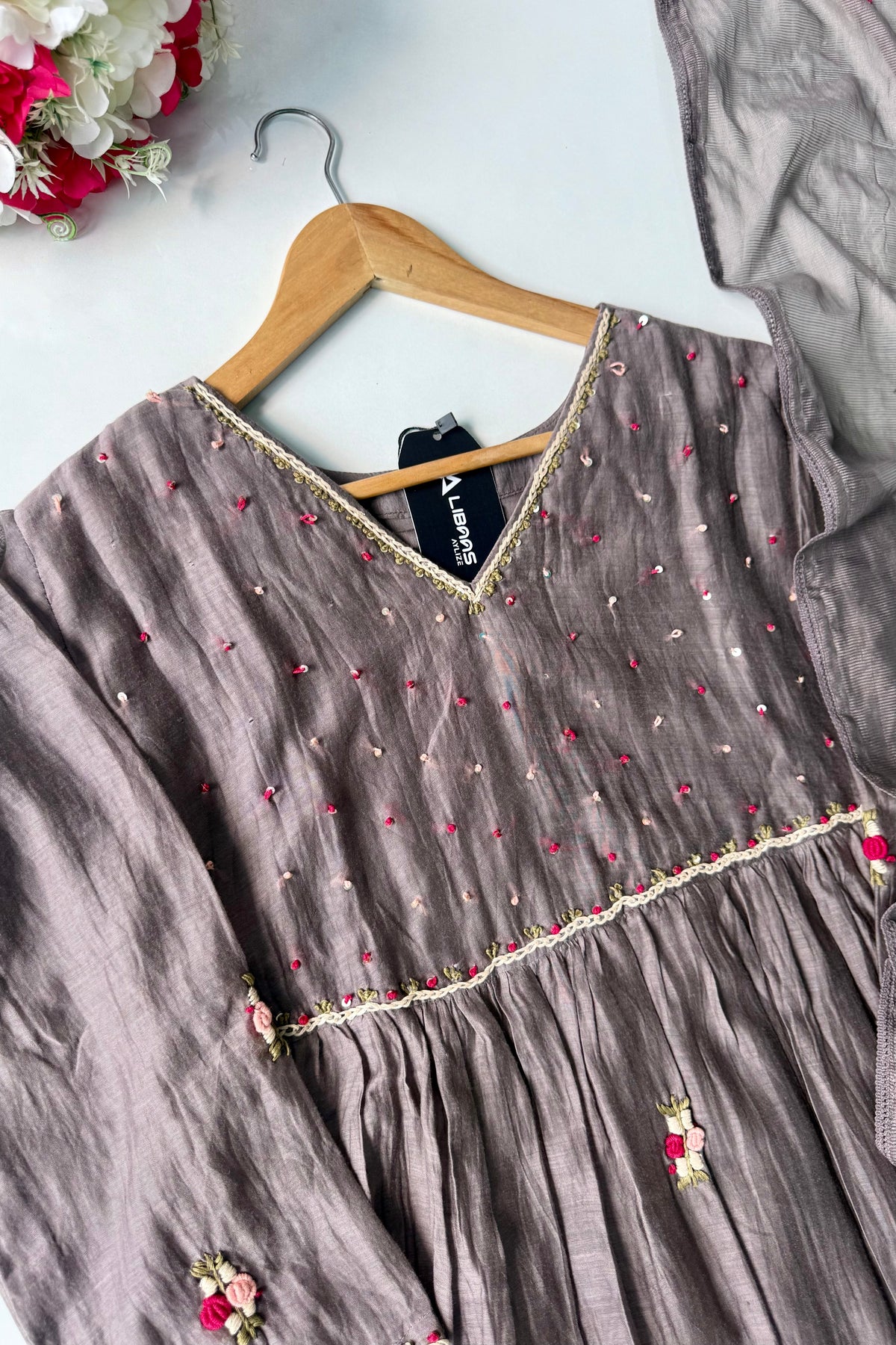 ✨” Smoky- Latest Smoky Taupe Grey Chanderi A-Line Kurta Set✨