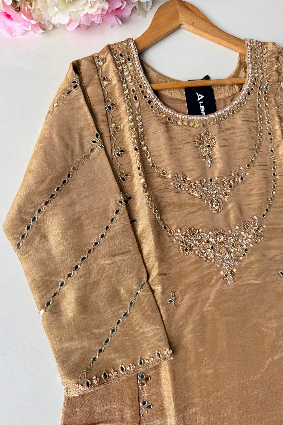 ✨Pearl – Premium Gold Beige  Mirror Work Tissue A Line Kurta Set