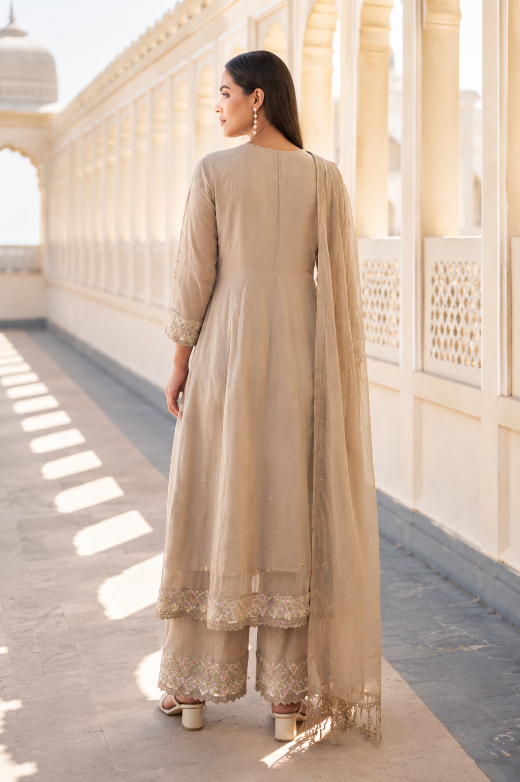 “Sana” Premium Sand Beige Cotton Embroidered Anarkali kurta set