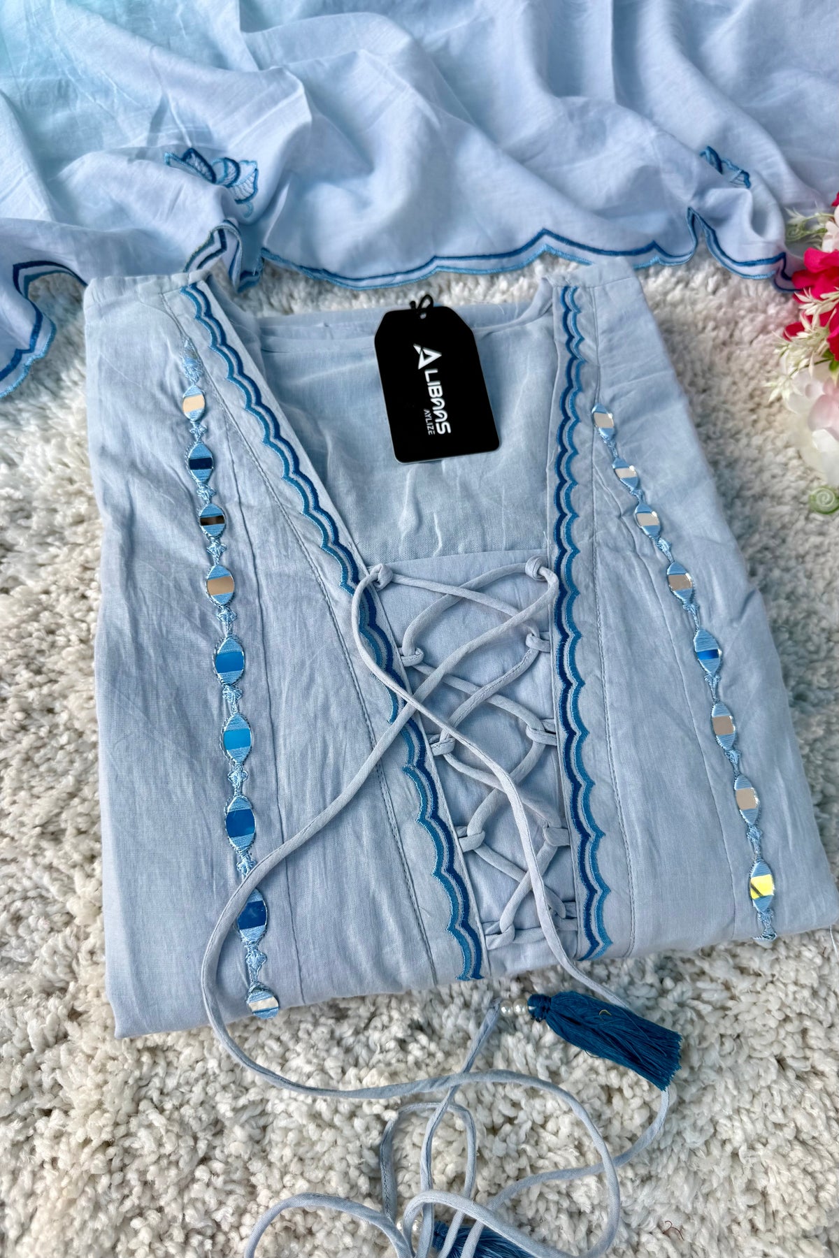 ✨AZ07 - Mirror work Powder Blue Cotton Anarkali Kurta set