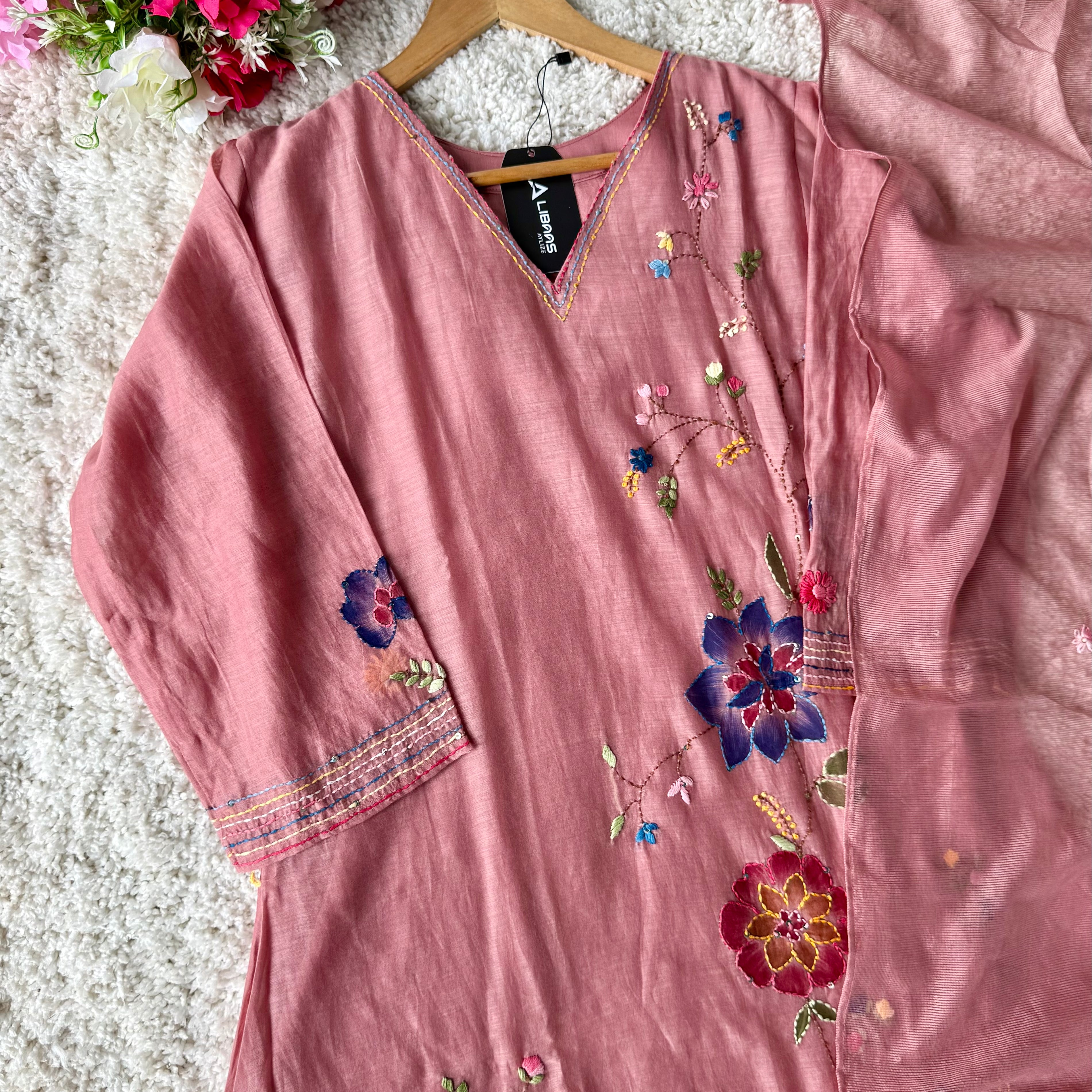 ✨”Avni – Designer Mul Chanderi Embroidered A Line Suit Set