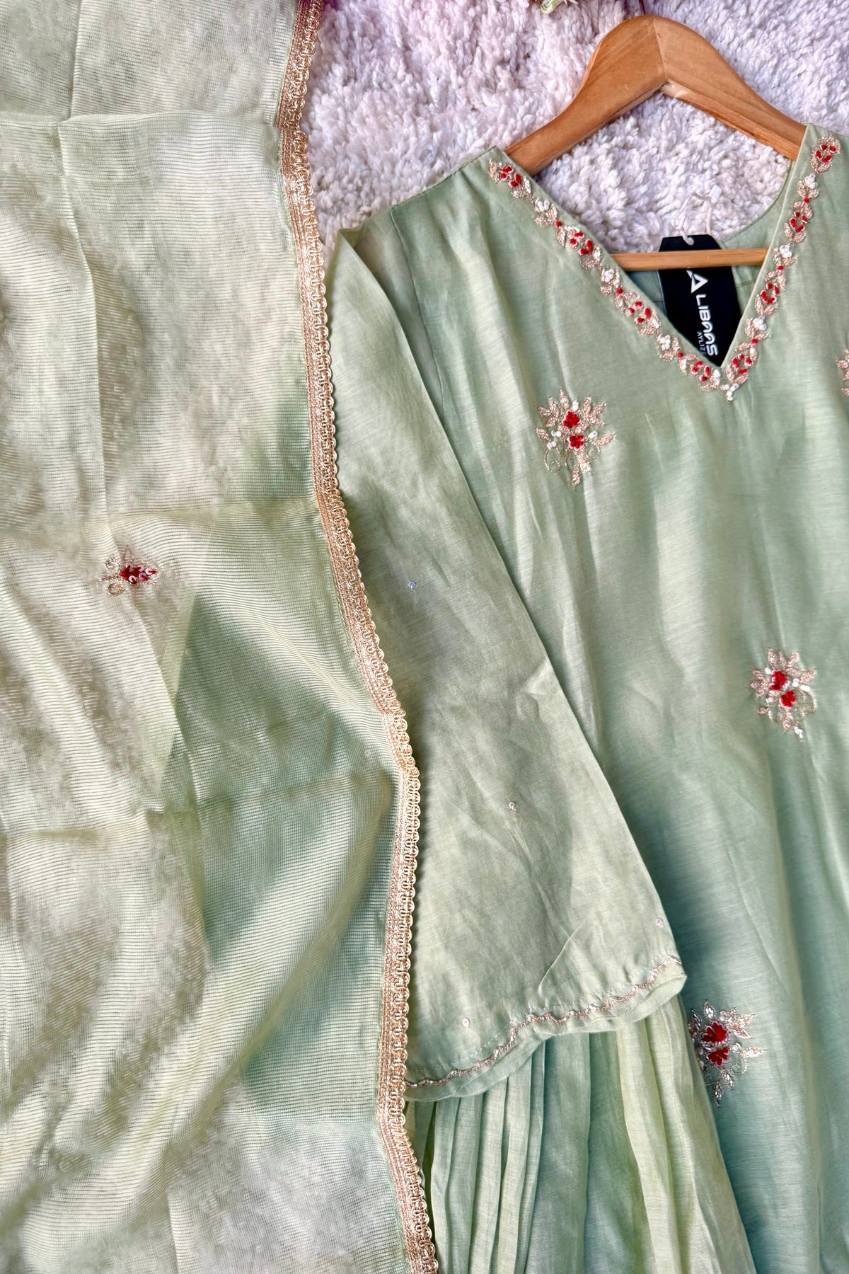 ✨Aabira – Premium Pista Green Mul Chanderi Anarkali kurti set