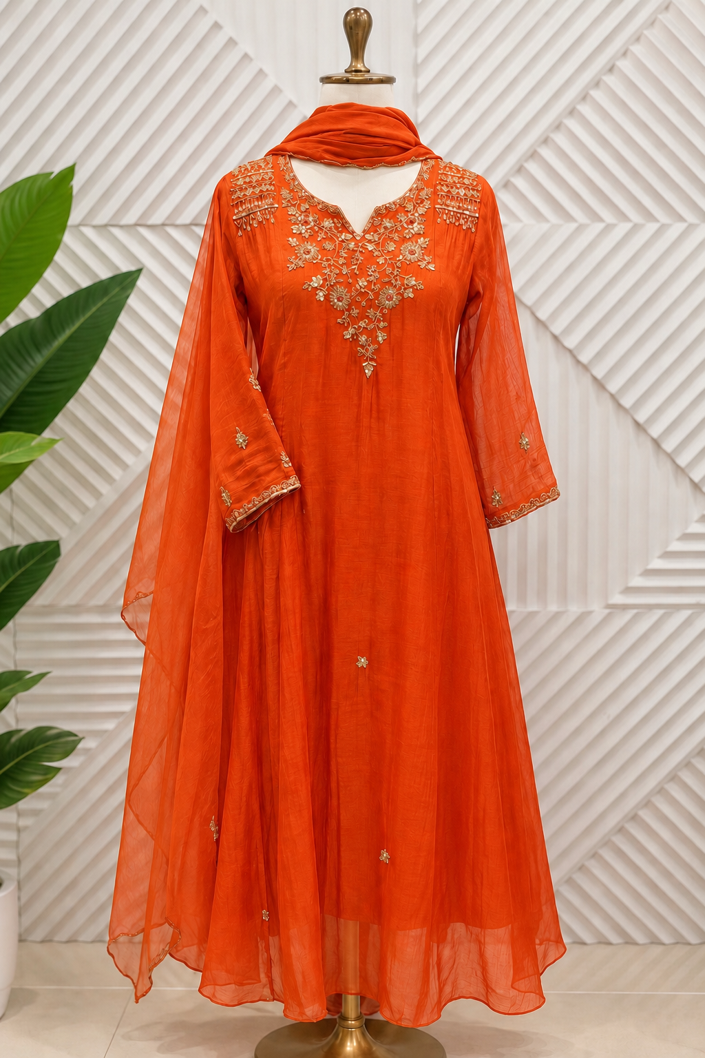 ✨”Aastha- Premium Orange Mul Chanderi A-Line Kurta Set