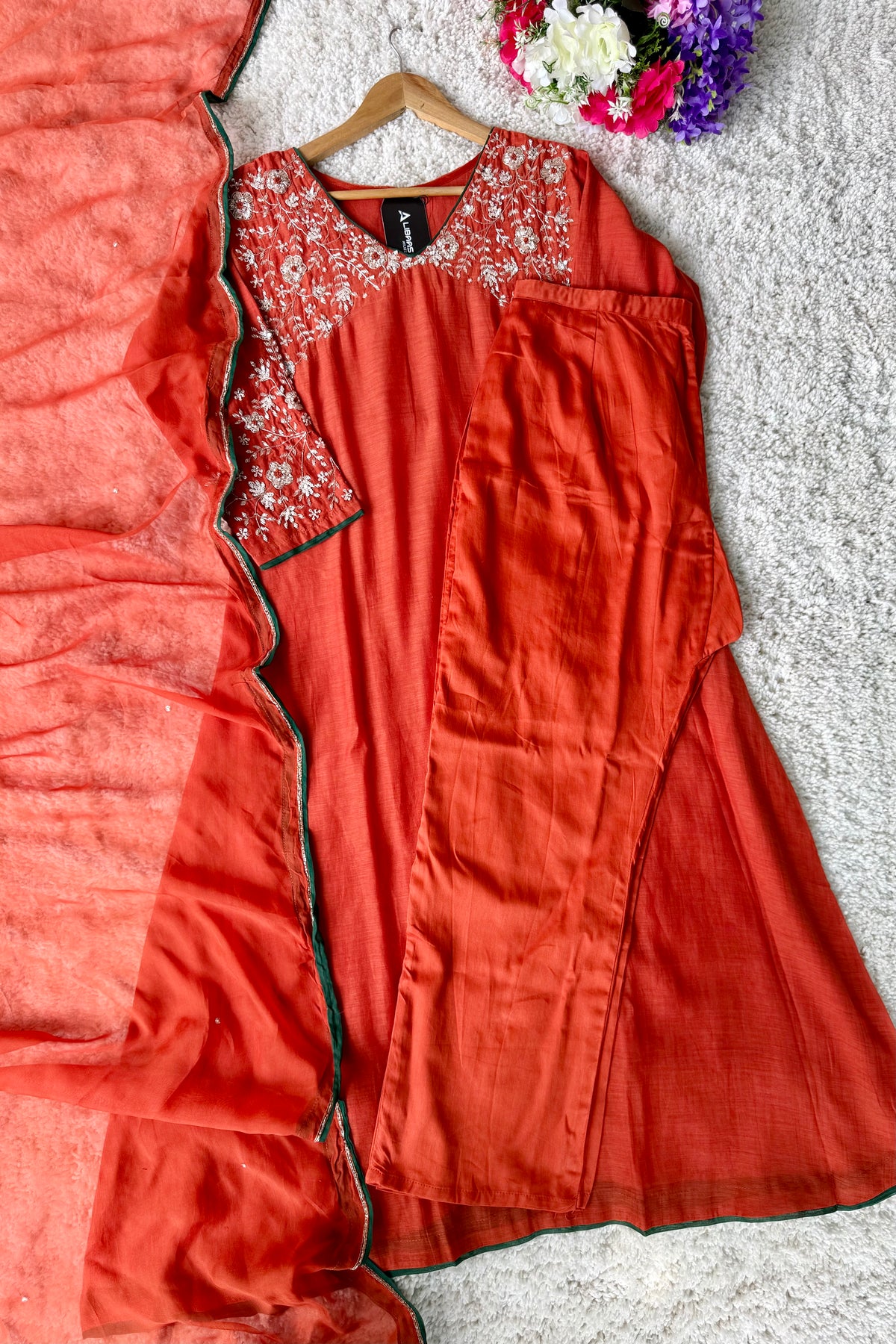 ✨Myra - Premium Orange Mul Chanderi A-Line Anarkali Kurta set