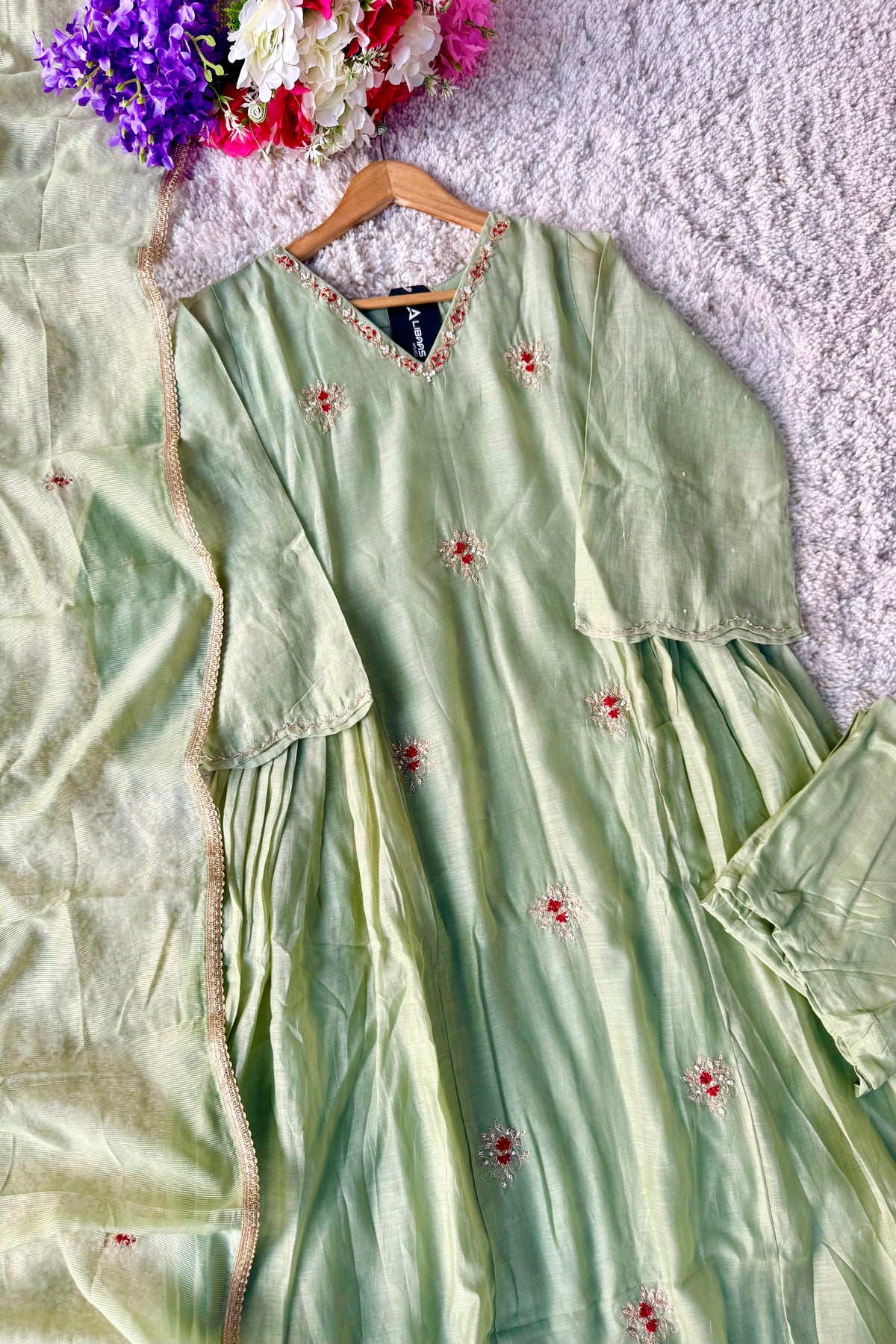 ✨Aabira – Premium Pista Green Mul Chanderi Anarkali kurti set