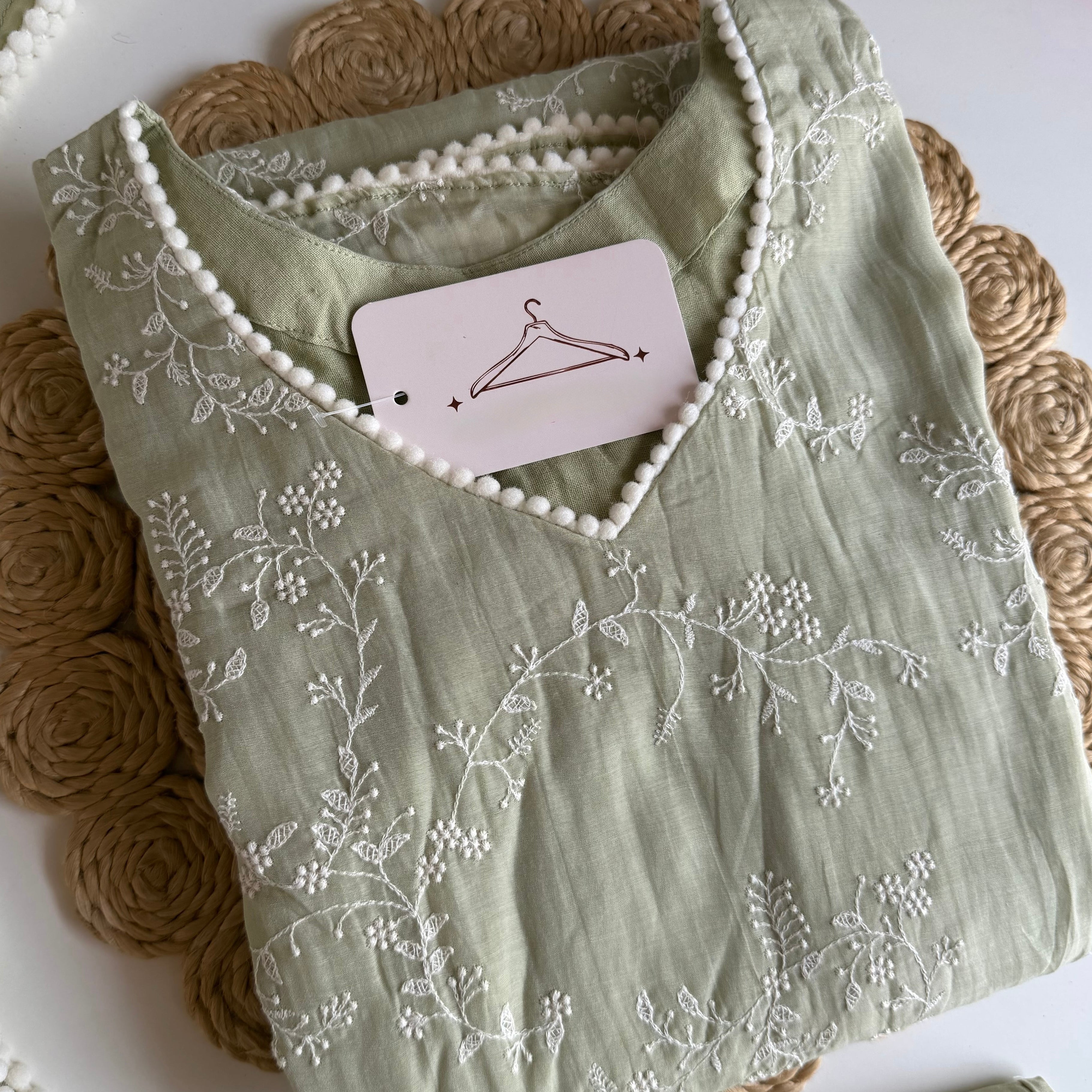 “Elina” Mint Green Mul Chanderi A Line Suit set 🛍️