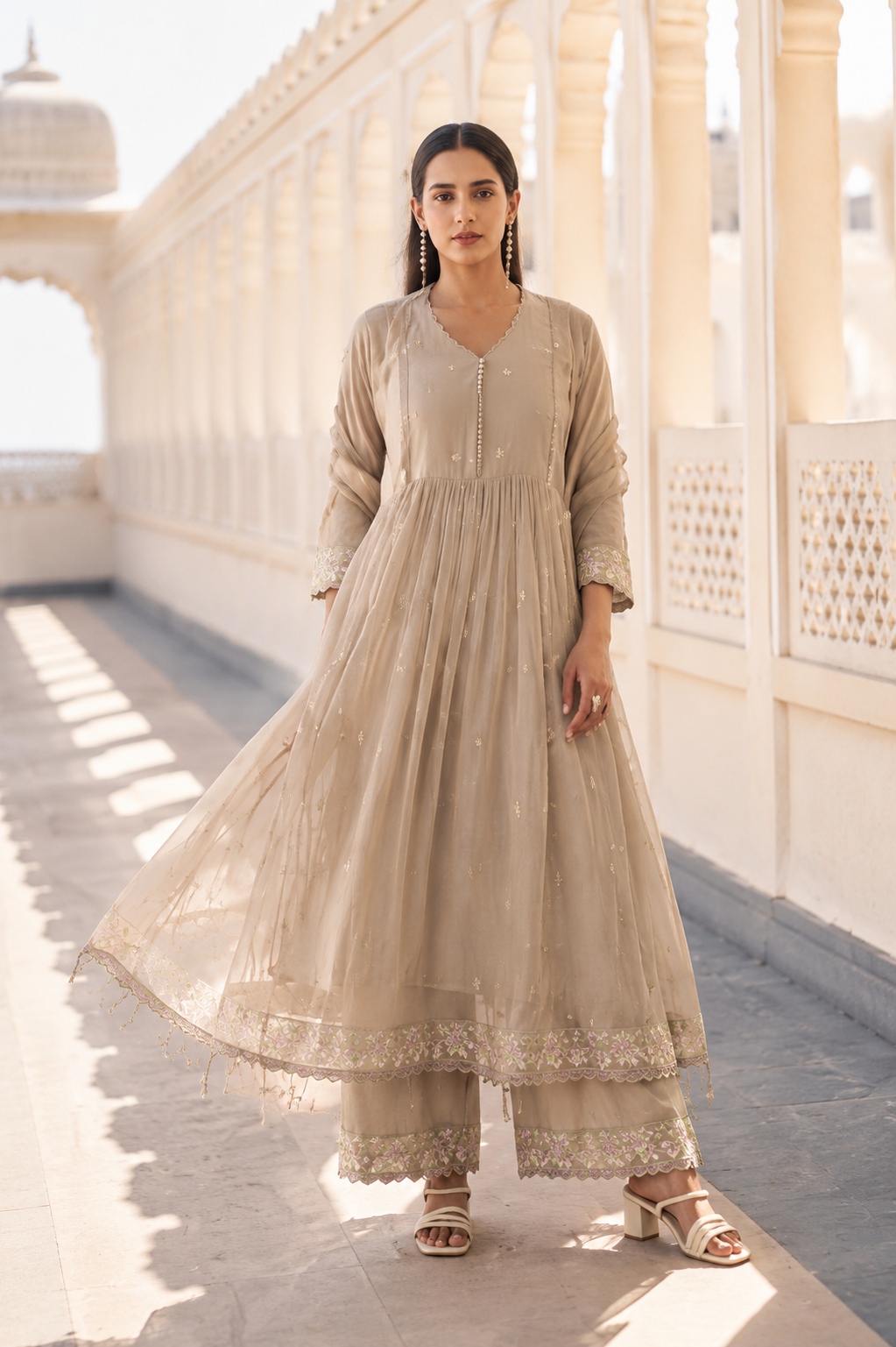 “Sana” Premium Sand Beige Cotton Embroidered Anarkali kurta set