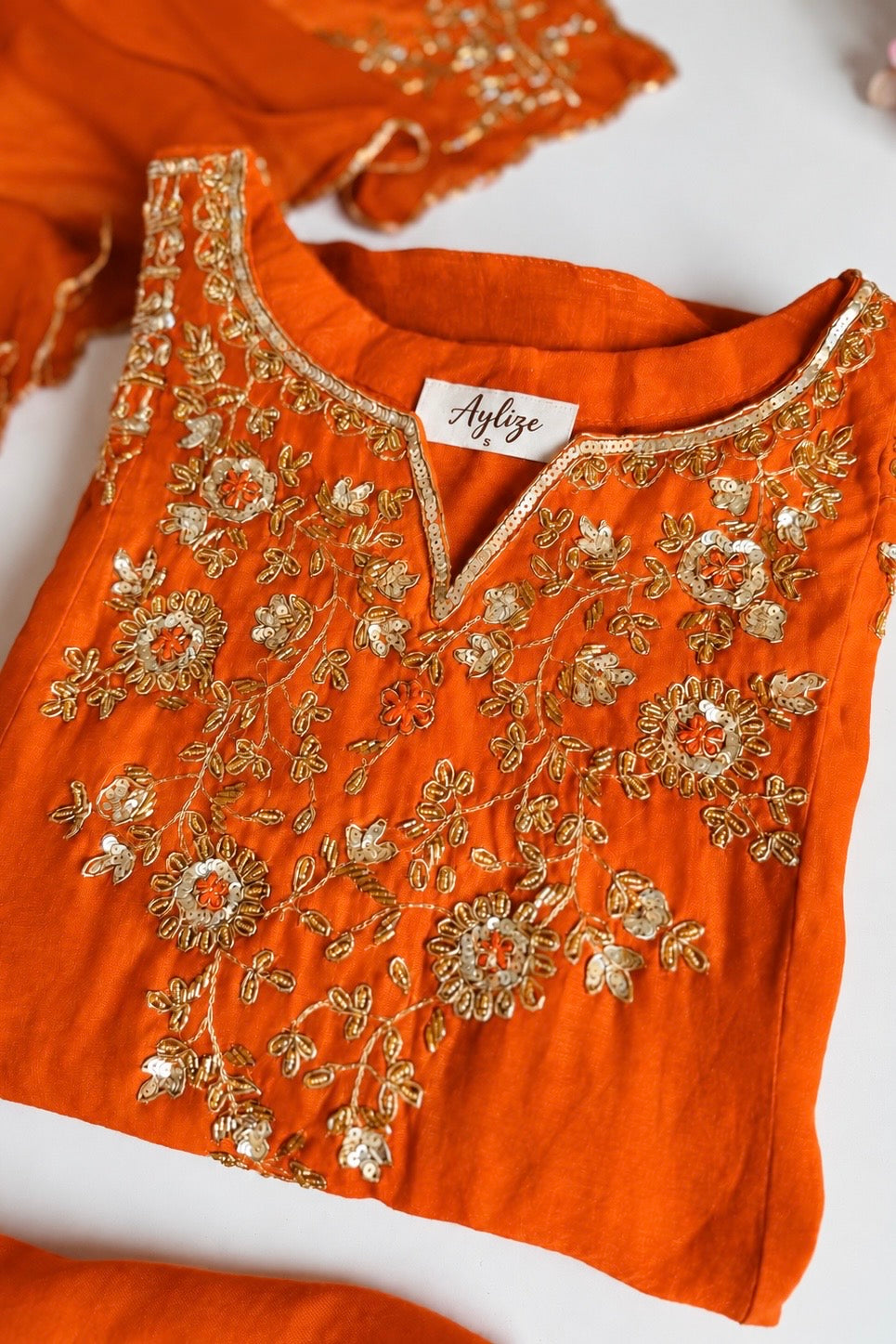 ✨”Aastha- Premium Orange Mul Chanderi A-Line Kurta Sets