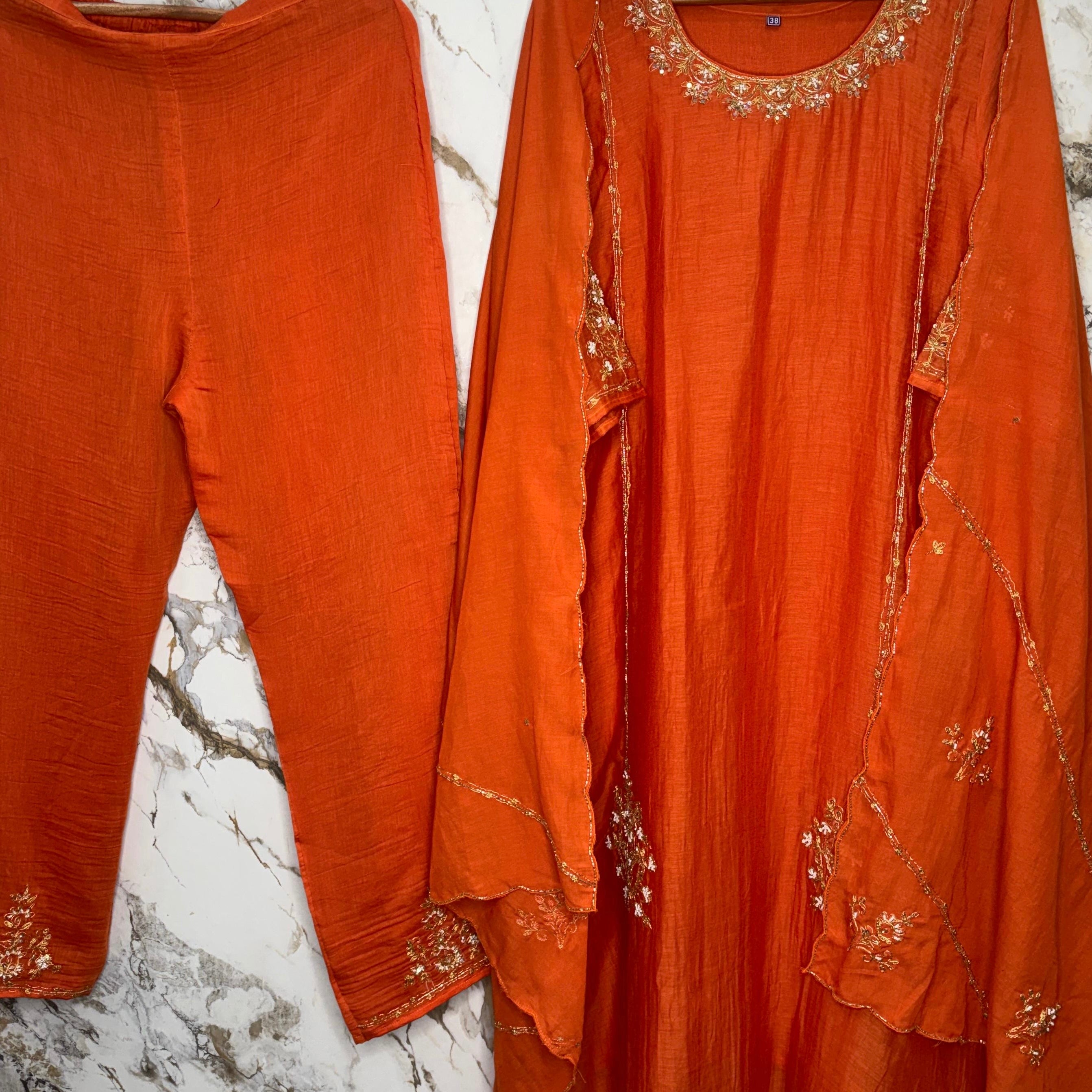 💕”Nayra – Premium Orange Mul Chanderi A-Line Kurta Set