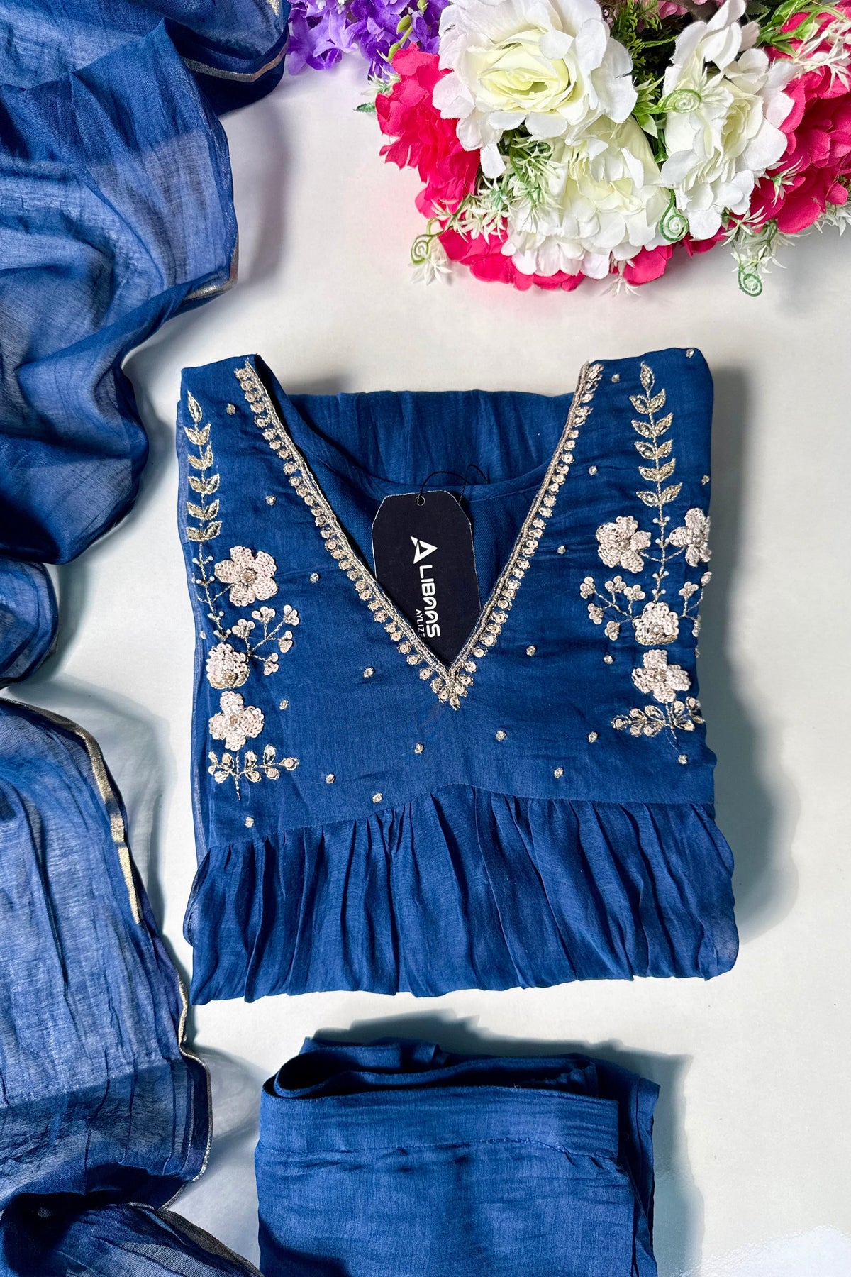 🛍️”Melody –  Premium Blue Banarsi Mul Chanderi Anarkali Suit