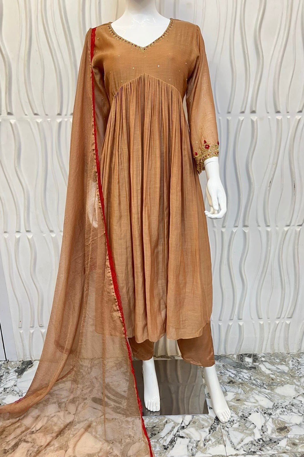 ✨”Almond- Honey Almond Mul Chanderi A-Line Kurta Set