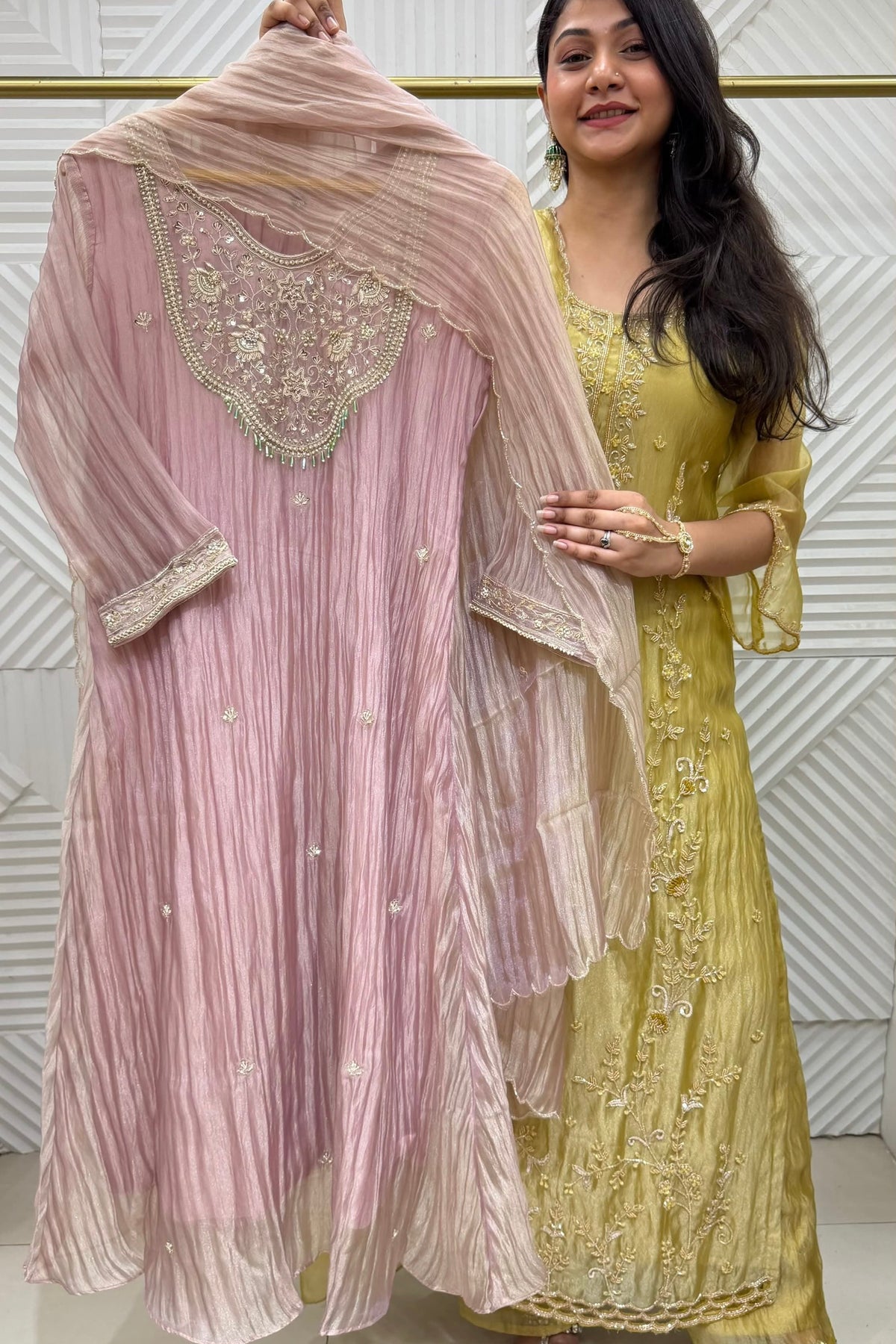 ✨Iqra - Mauve Pink Crushed Tissue A-Line Kurta set