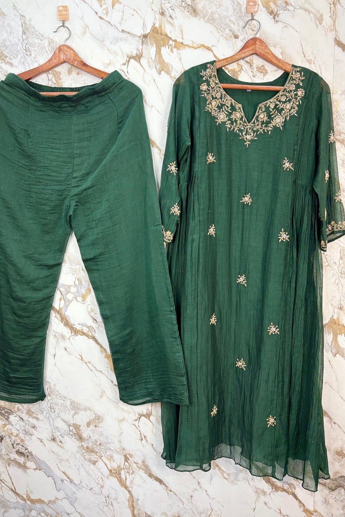 ✨Zoe - Premium Bottle Green Mul Chanderi A Line Kurta Set ✨