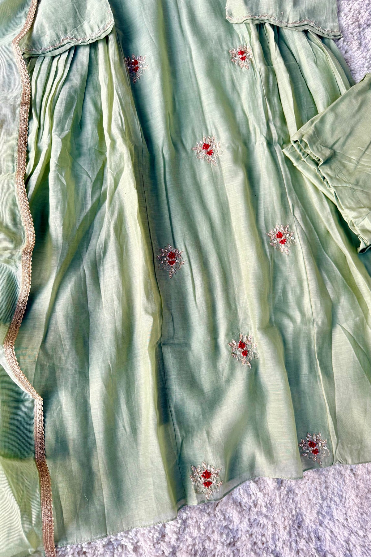✨Aabira – Premium Pista Green Mul Chanderi Anarkali kurti set