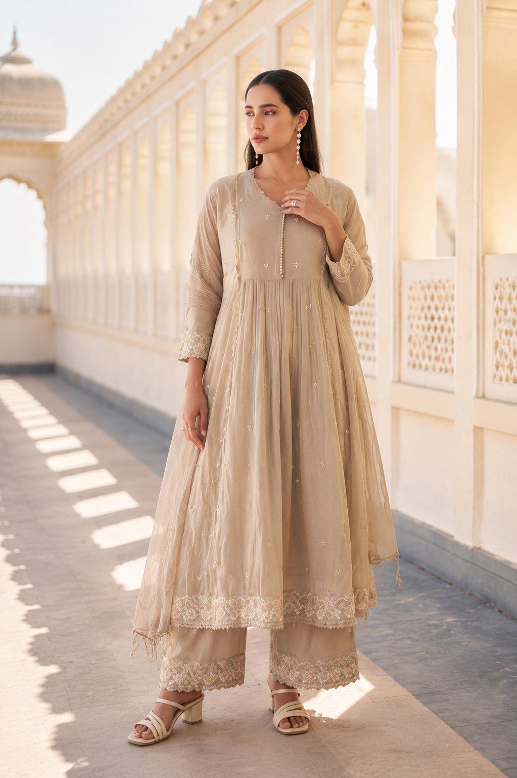 “Sana” Premium Sand Beige Cotton Embroidered Anarkali kurta set