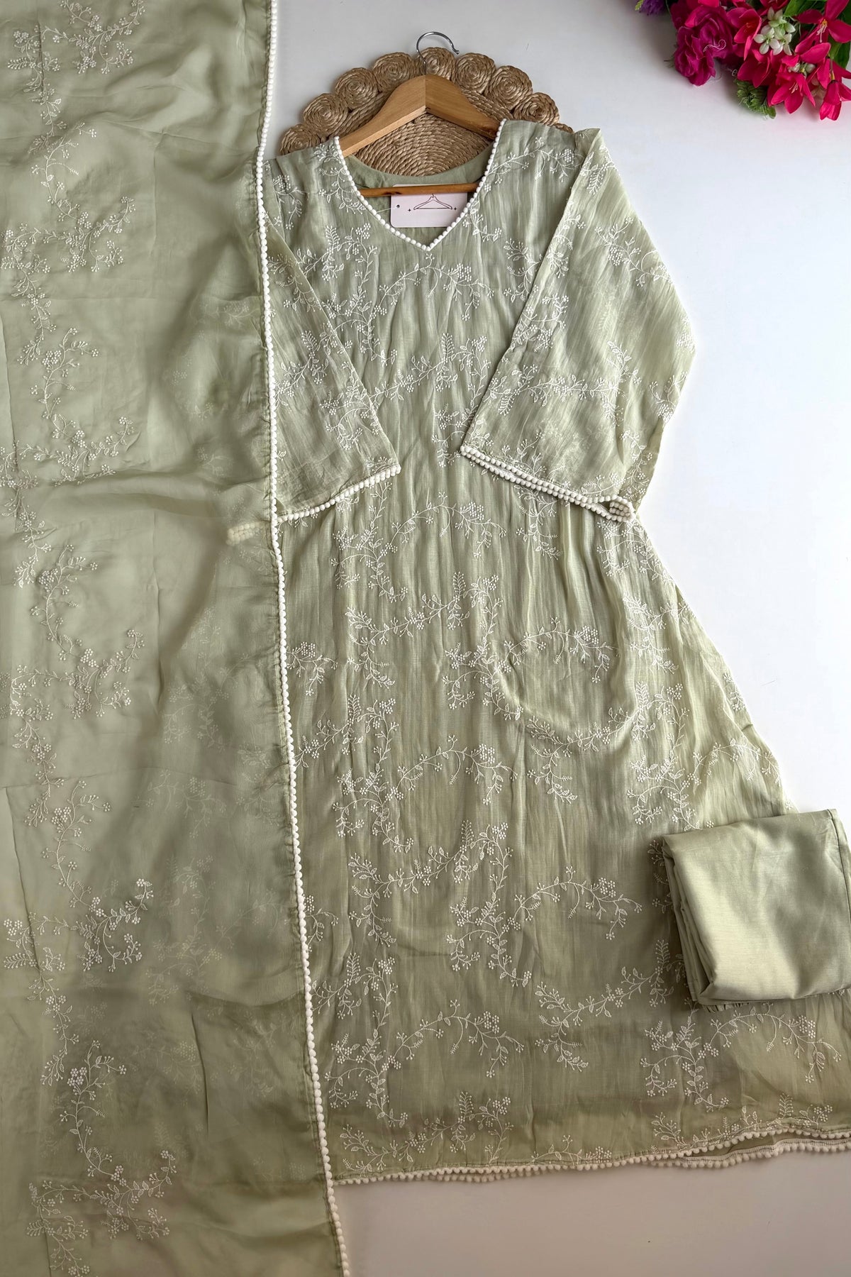 “Elina” Mint Green Mul Chanderi A Line Suit set 🛍️