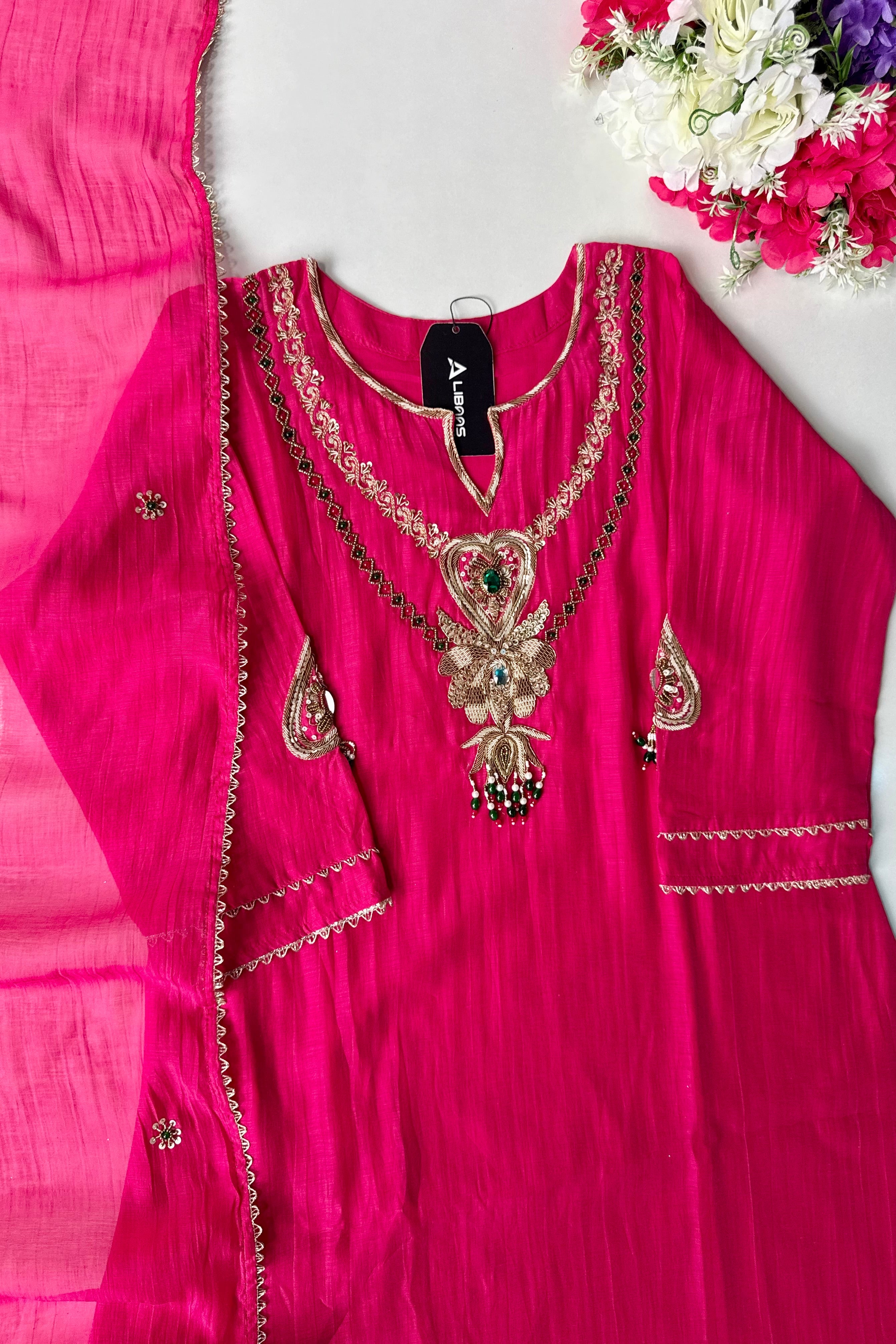“Diamond” Trending Premium Pink  Mul Chanderi A Line Suit set 🛍️