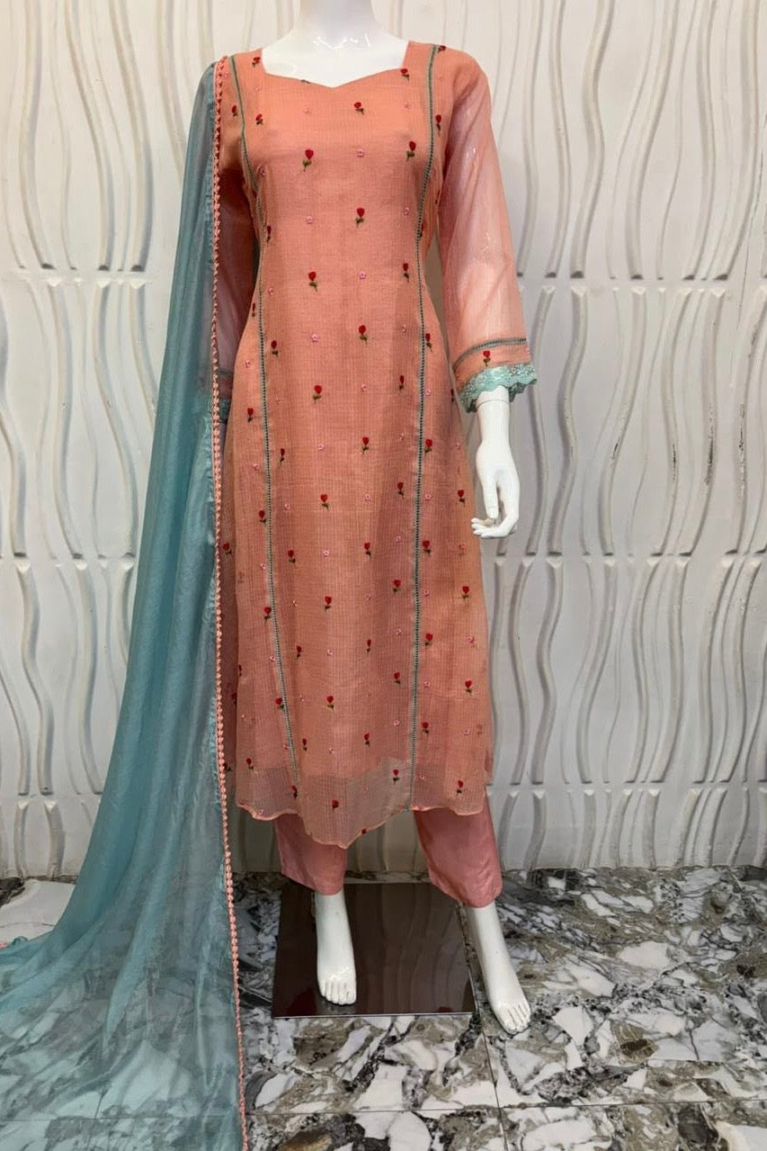 ✨Rosie - Peach Rose Mul Kota A-Line Kurta set