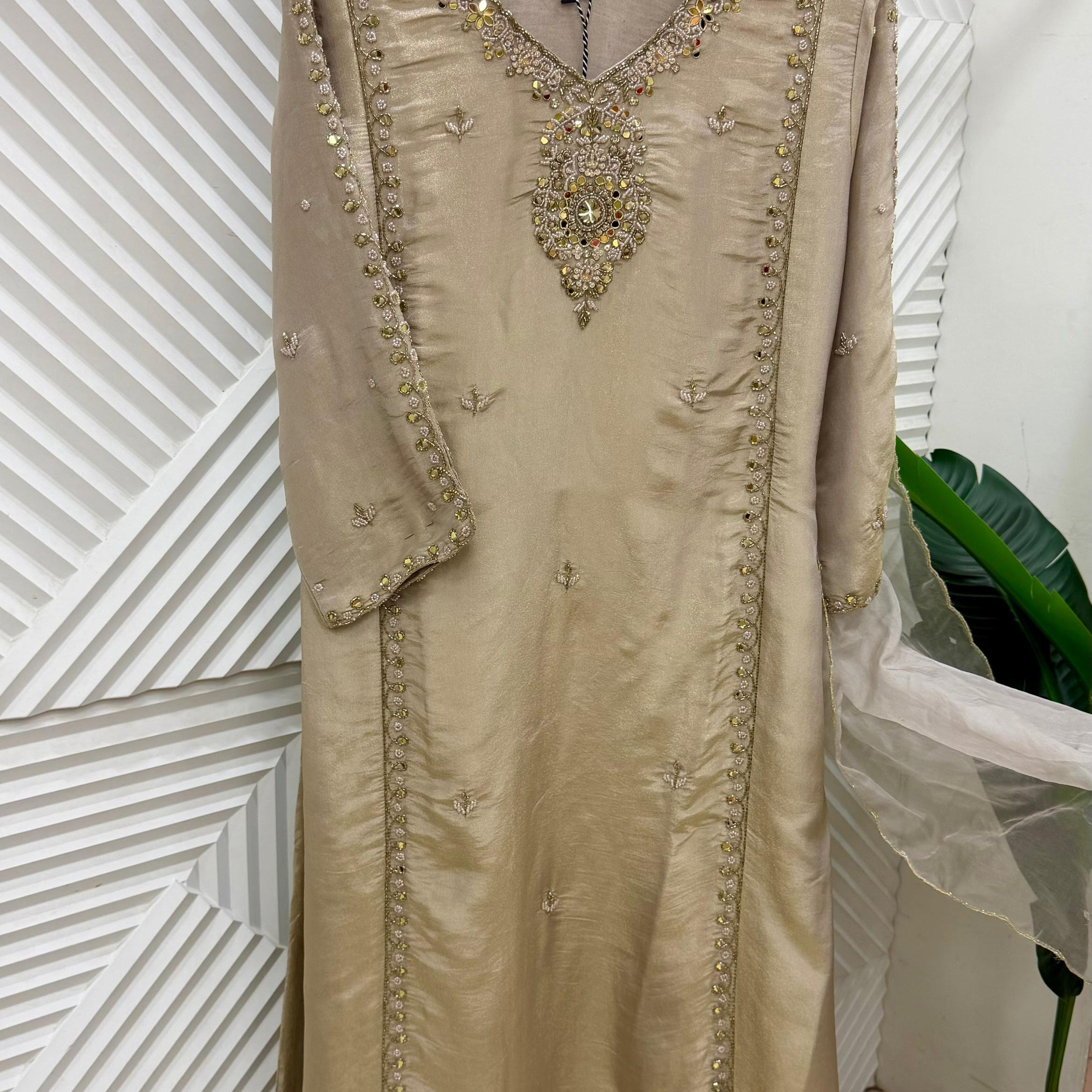 ✨Pearls – Premium Blush Mirror Work Tissue A Line Kurta Set