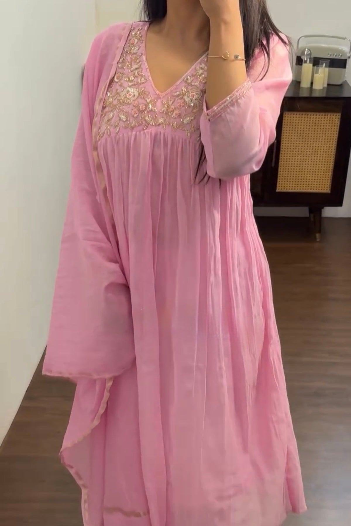 ✨”Mahek- Premium Pink Mul Chanderi A-Line Kurta Set✨
