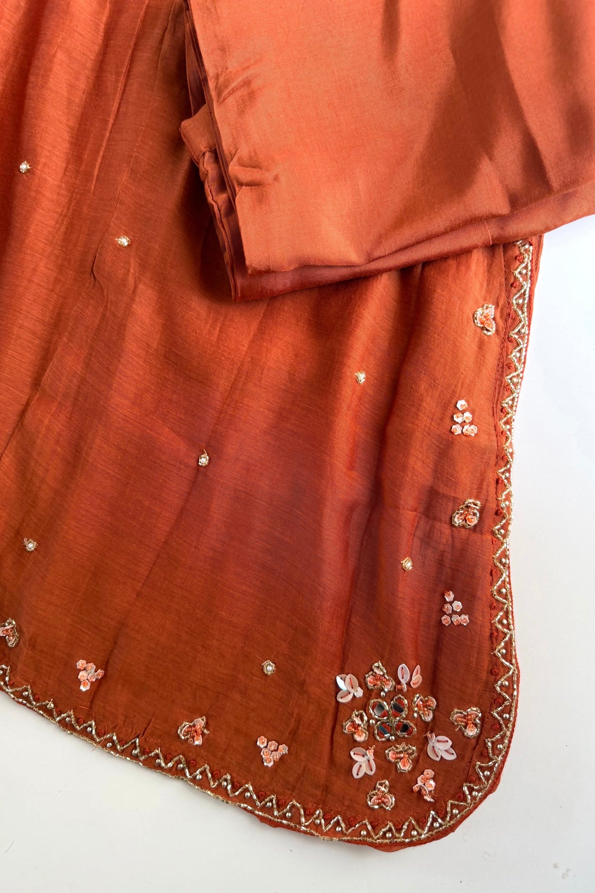 ✨”Noor - Premium Orange Mul Chanderi A-Line Kurta Set