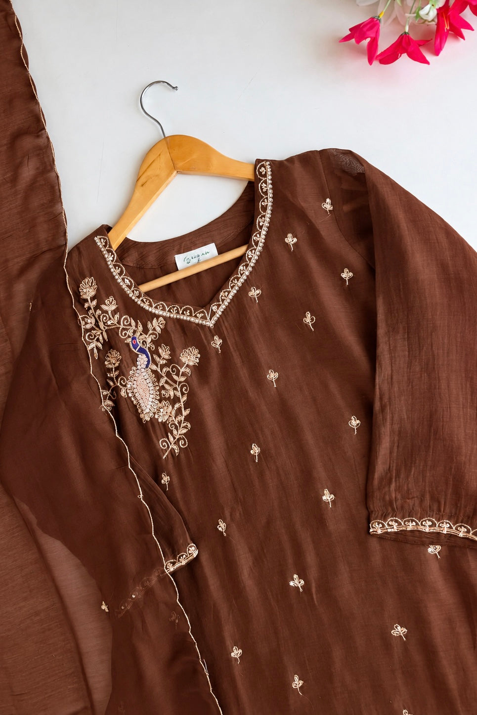 ✨Nora - Premium Chocolate Brown Mul Chanderi A Line Kurta Set ✨