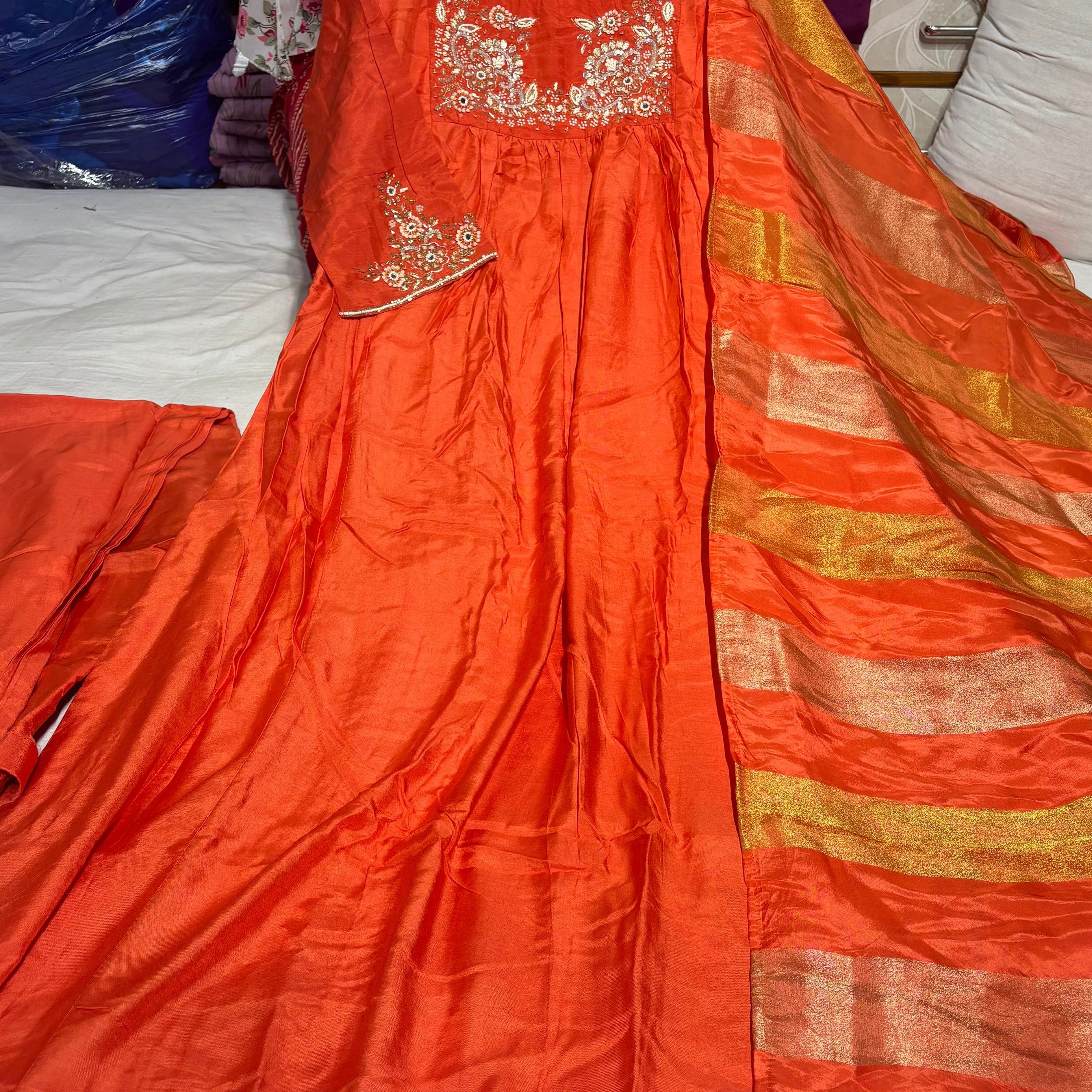 “Saanvi” Chinon Handwork Anarkali Kurti Pant With Dupatta Set Chinon Handwork Anarkali Kurti Pant With Dupatta Set