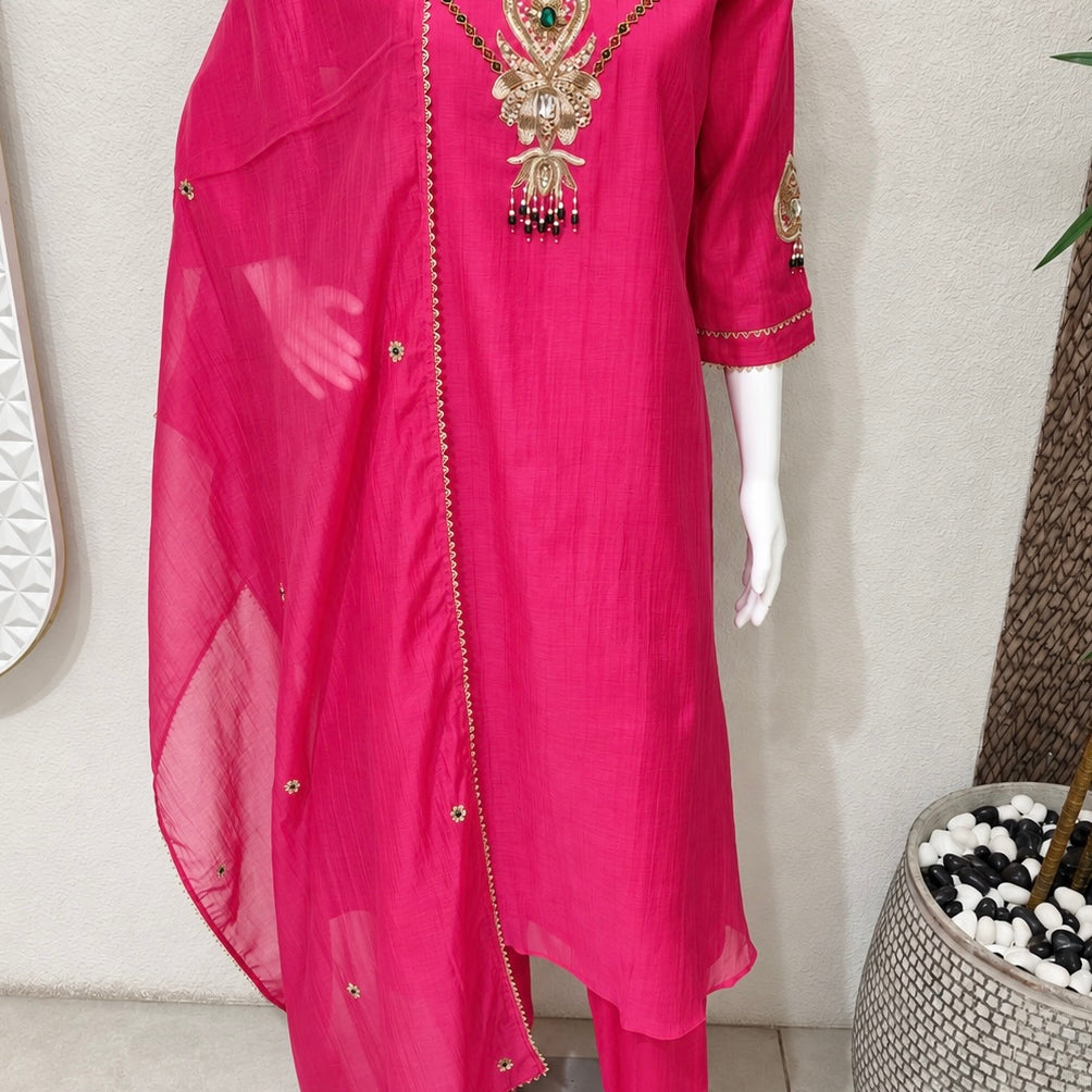 ✨”Palak - Premium Royal Pink Mul Chanderi A-Line Kurta Set