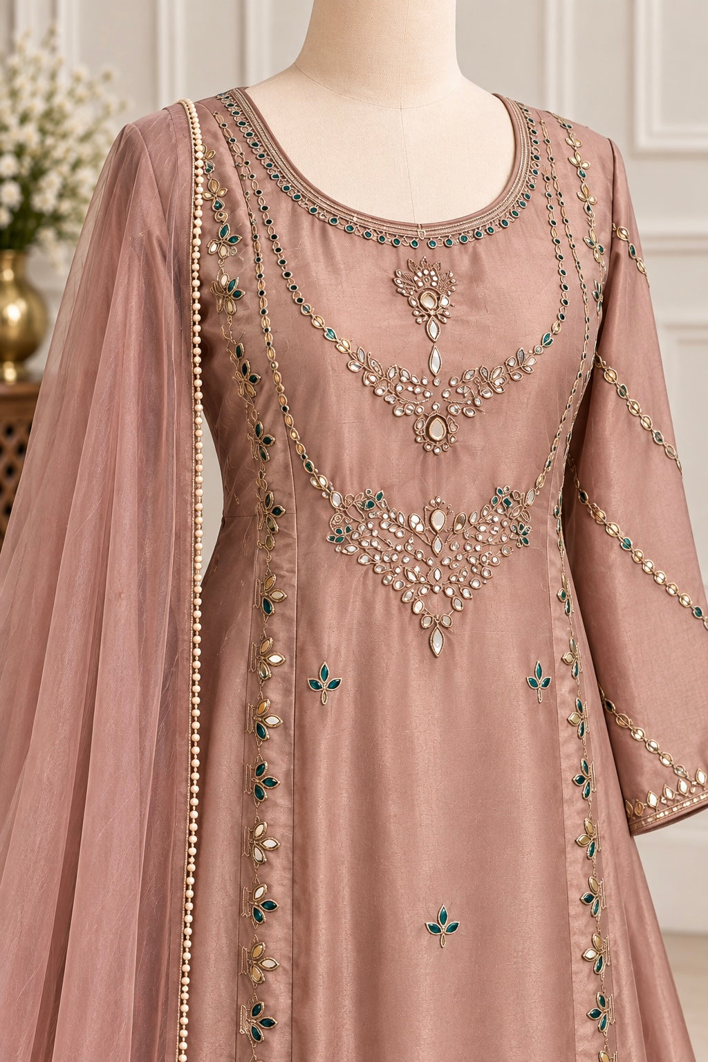 ✨Pearl – Premium Blush Mirror Work Tissue A Line Kurta Sets