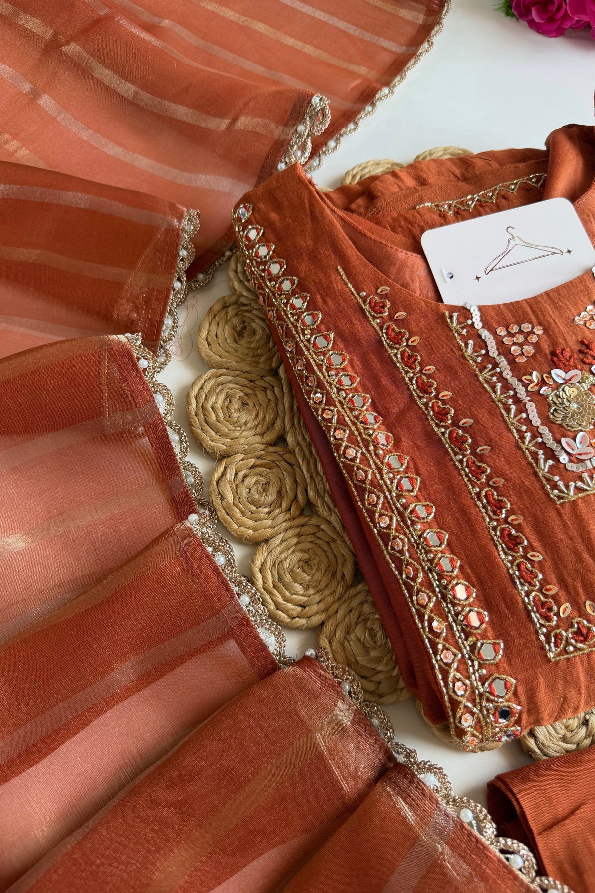 ✨”Noor - Premium Orange Mul Chanderi A-Line Kurta Set
