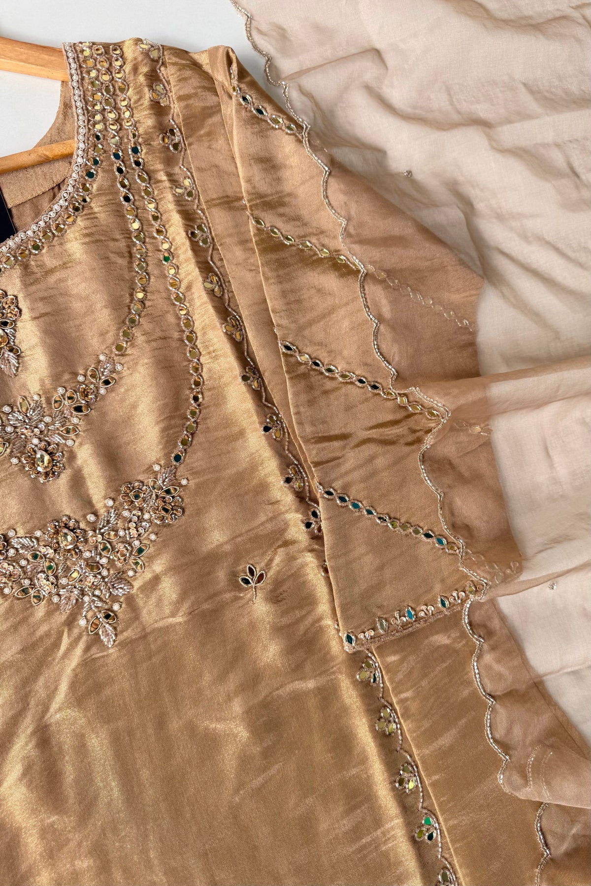 ✨Pearl – Premium Gold Beige  Mirror Work Tissue A Line Kurta Set