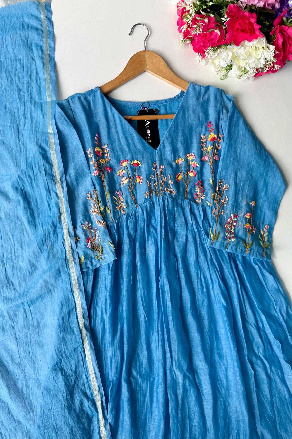 💙AYRA- Azure Blue Mul Chanderi Thread Work Anarkali Kurta Set