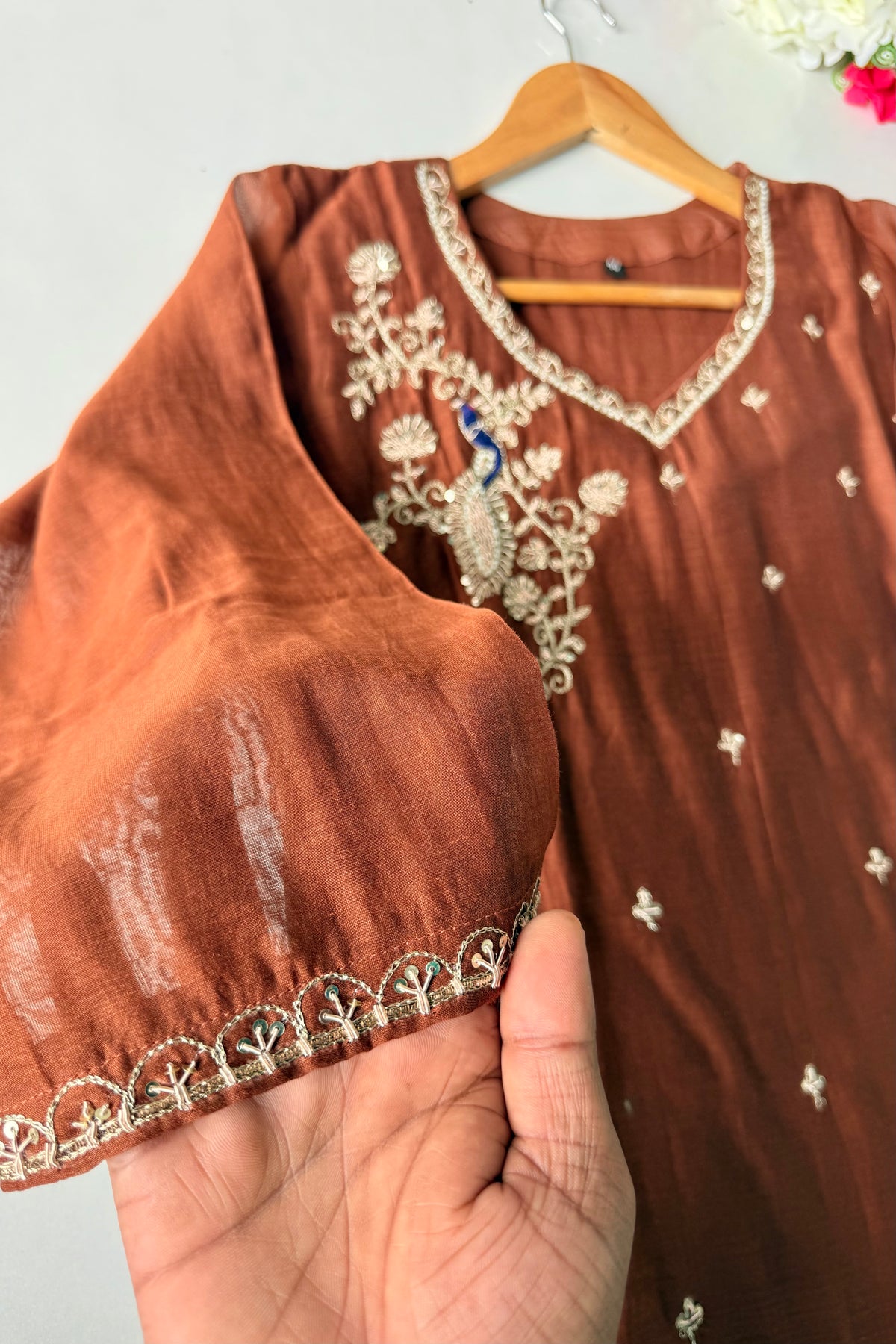 ✨”Nora - Premium Chocolate Brown Mul Chanderi A Line Kurta Set