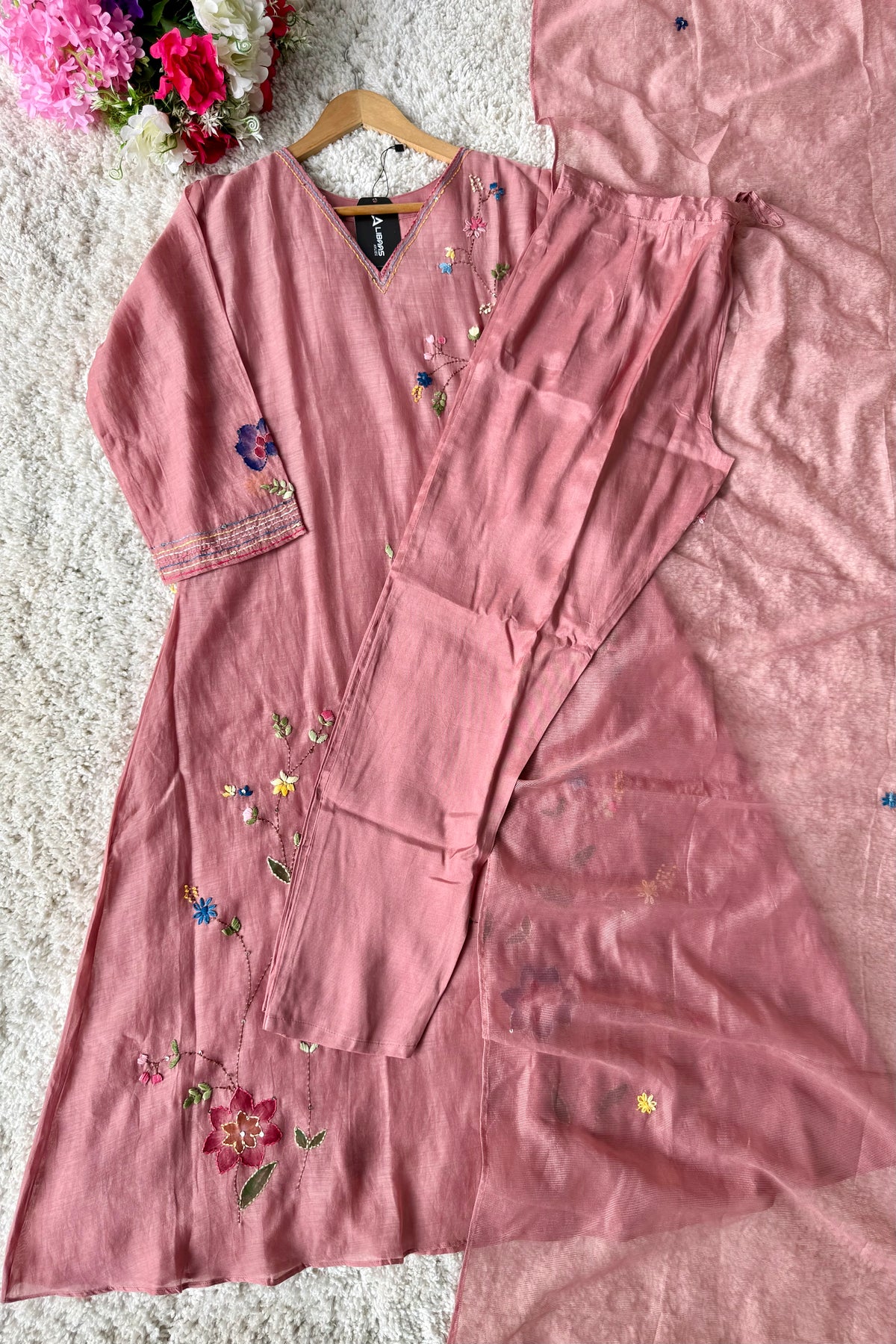 ✨”Avni – Designer Mul Chanderi Embroidered A Line Suit Set