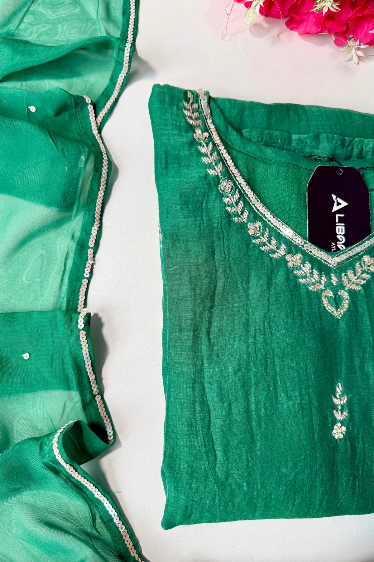 ✨”Eshal - Premium Green Mul Chanderi A-Line Kurta Set