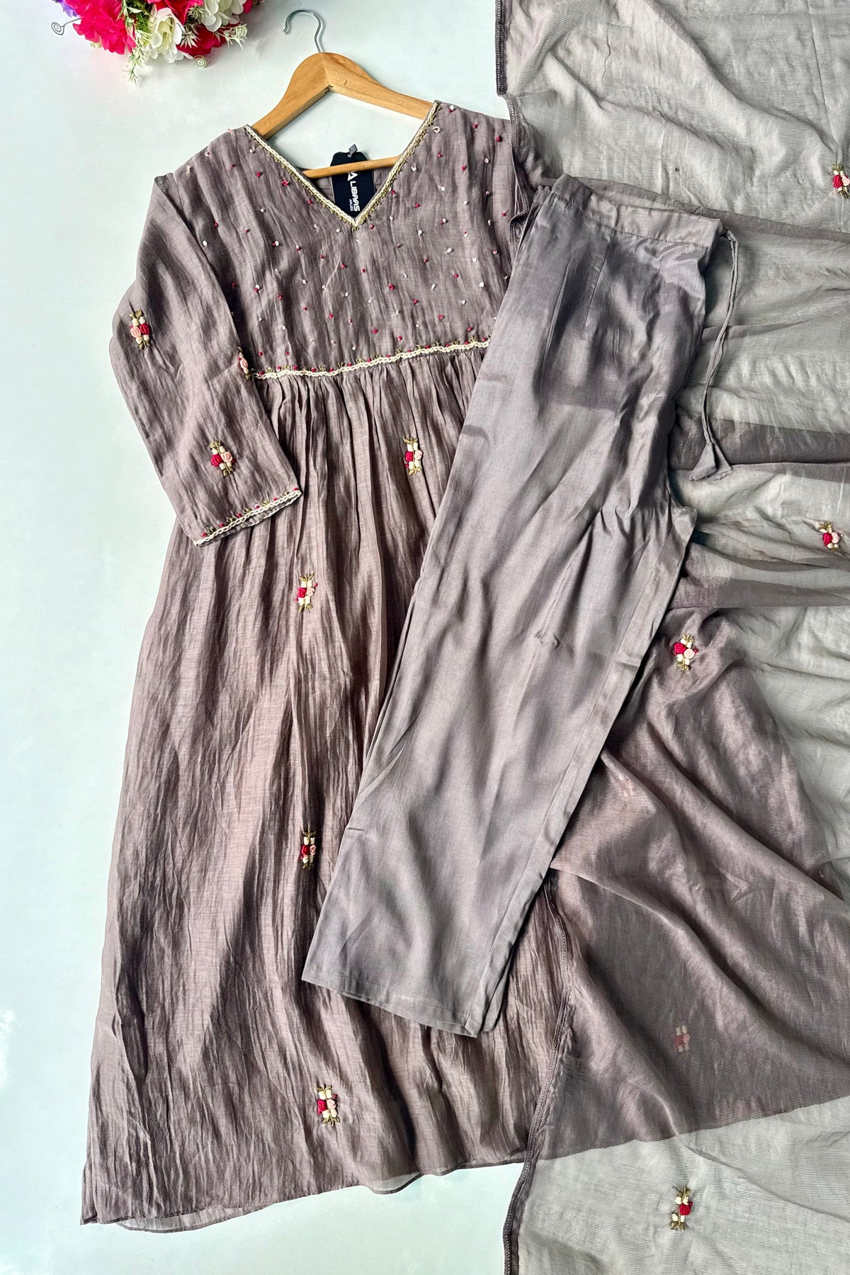 ✨” Smoky- Latest Smoky Taupe Grey Chanderi A-Line Kurta Set✨