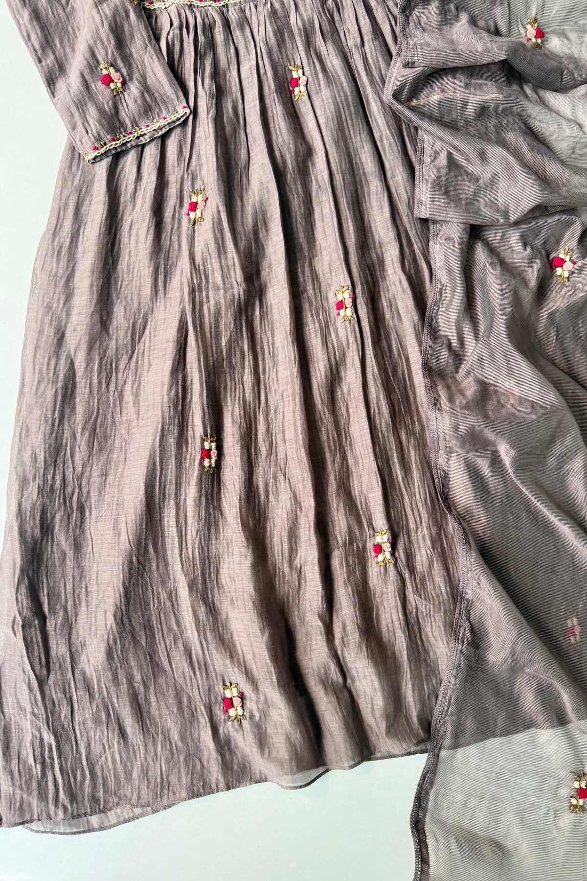 ✨” Smoky- Latest Smoky Taupe Grey Chanderi A-Line Kurta Set✨