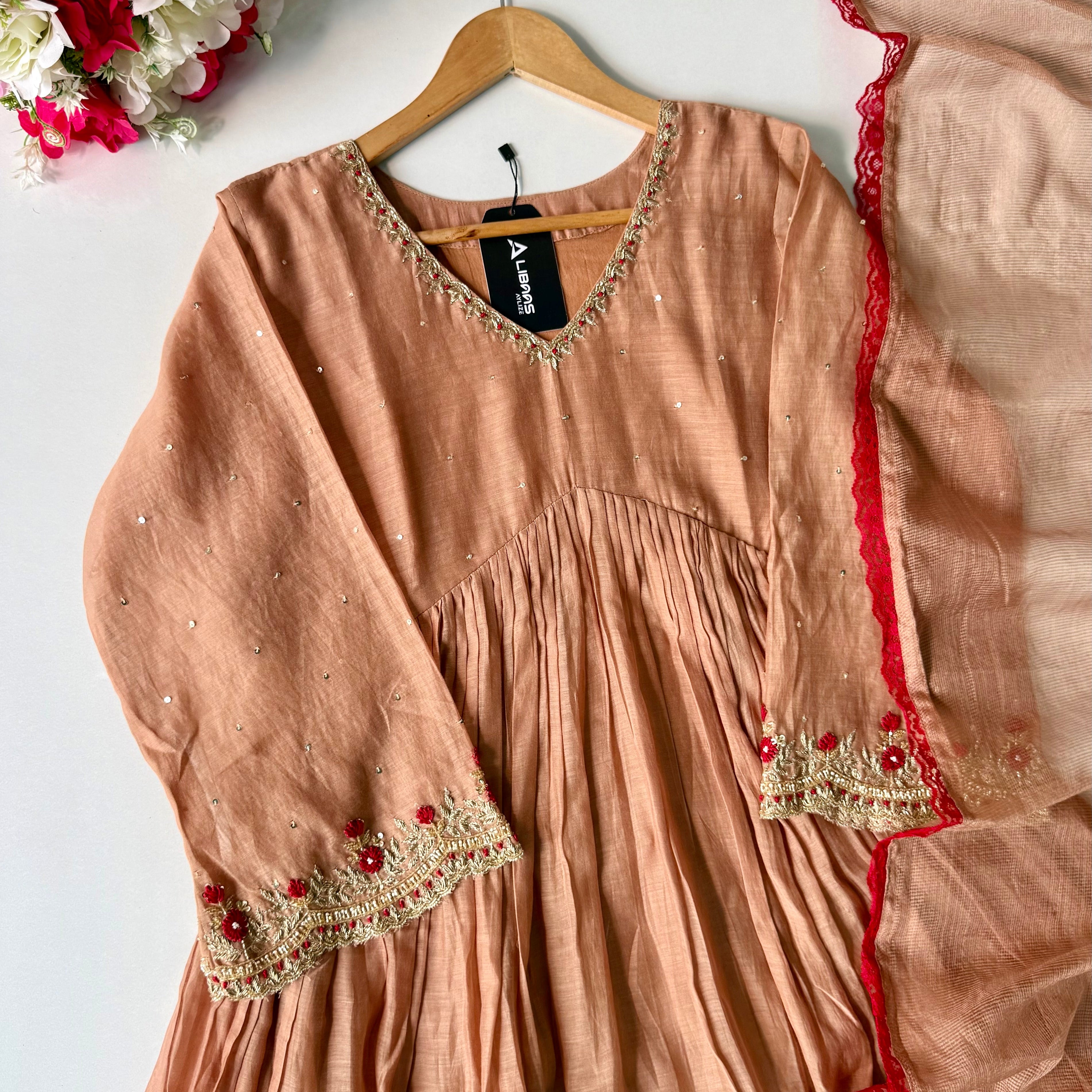 ✨”Almond- Honey Almond Mul Chanderi A-Line Kurta Set