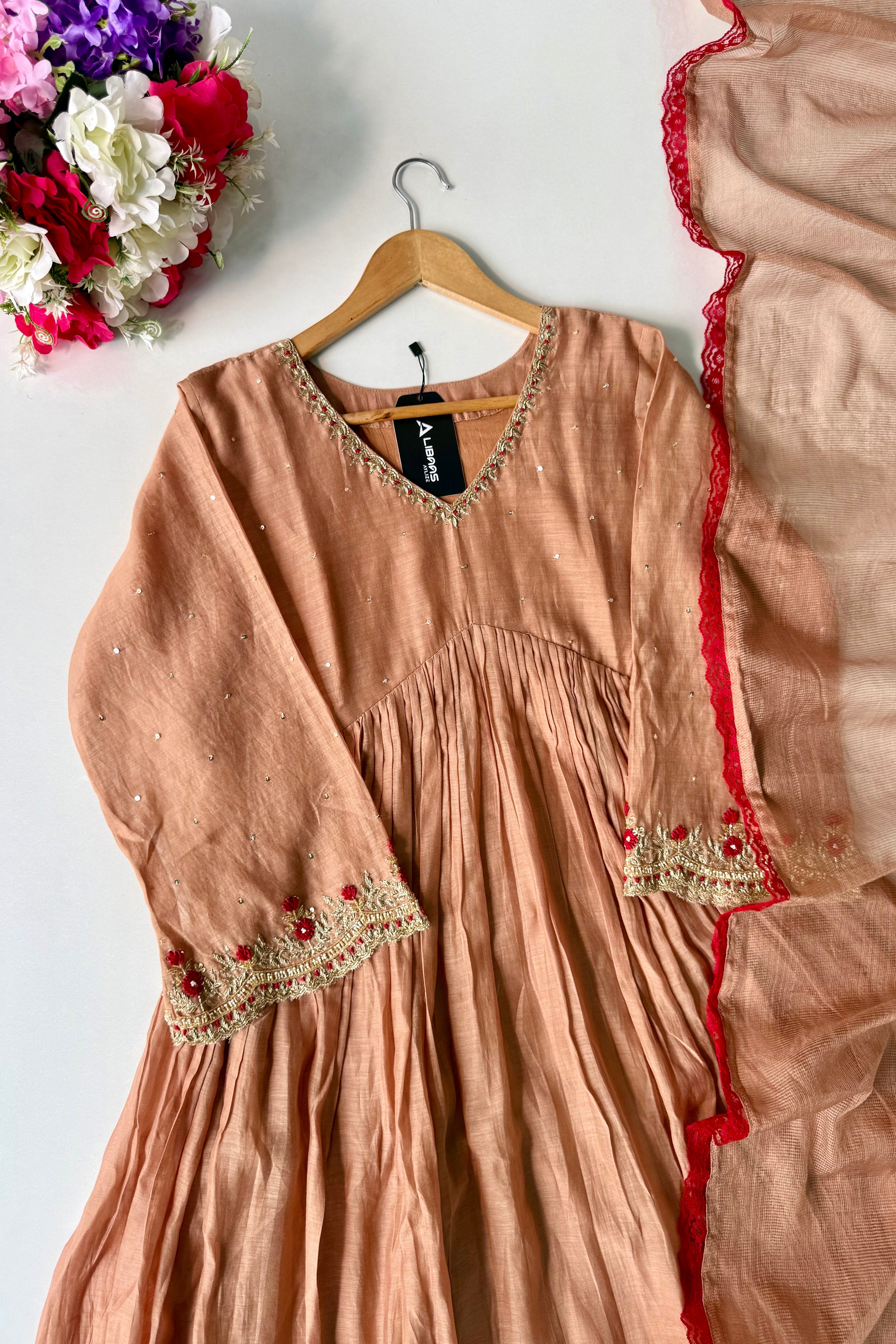 ✨”Almond- Honey Almond Mul Chanderi A-Line Kurta Set