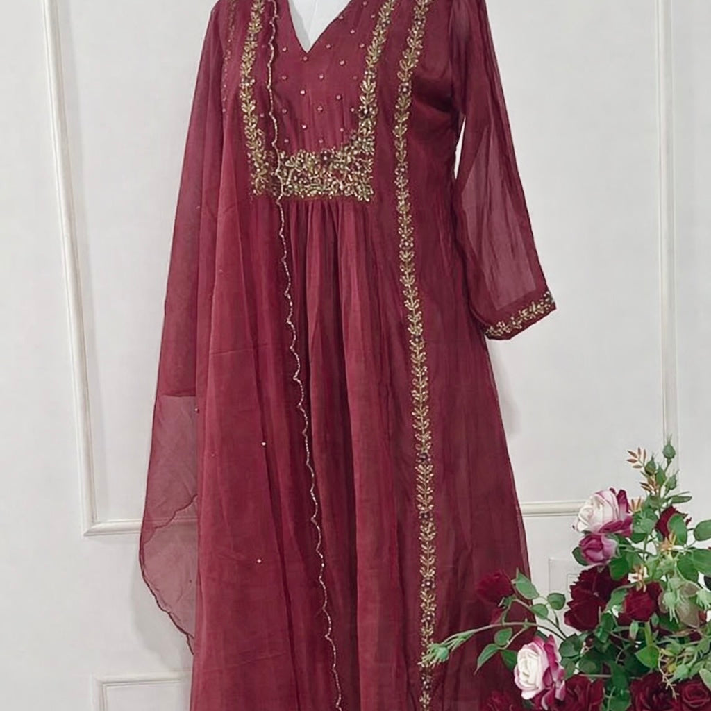 “Ayza” Pre Book Premium Maroon Mul Chanderi A Line Suit set 🛍️