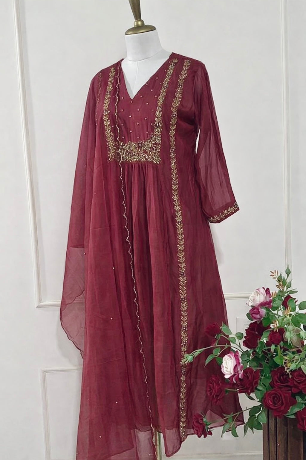 “Ayza” Pre Book Premium Maroon Mul Chanderi A Line Suit set 🛍️