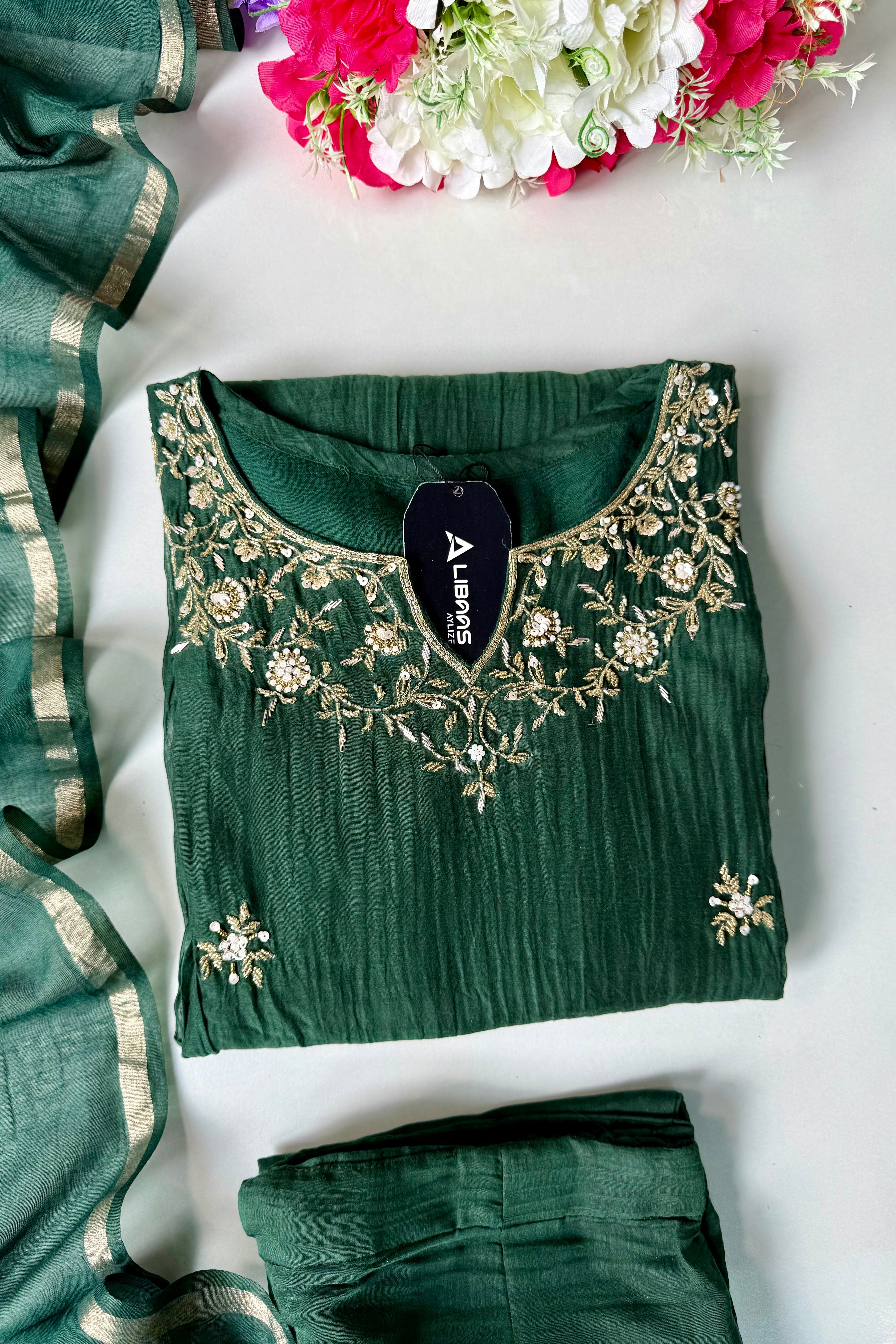 ✨Zoe - Premium Bottle Green Mul Chanderi A Line Kurta Set ✨