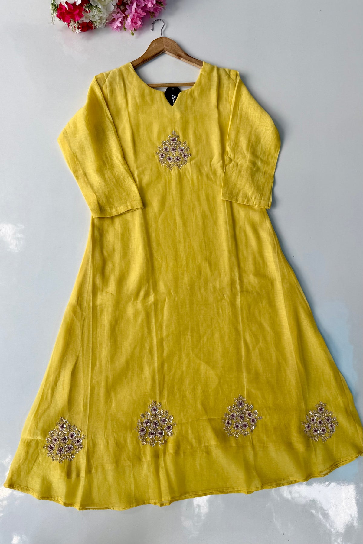 🛍️”Sinthya –  Premium Yellow Mul Chanderi A Line Kurta Set