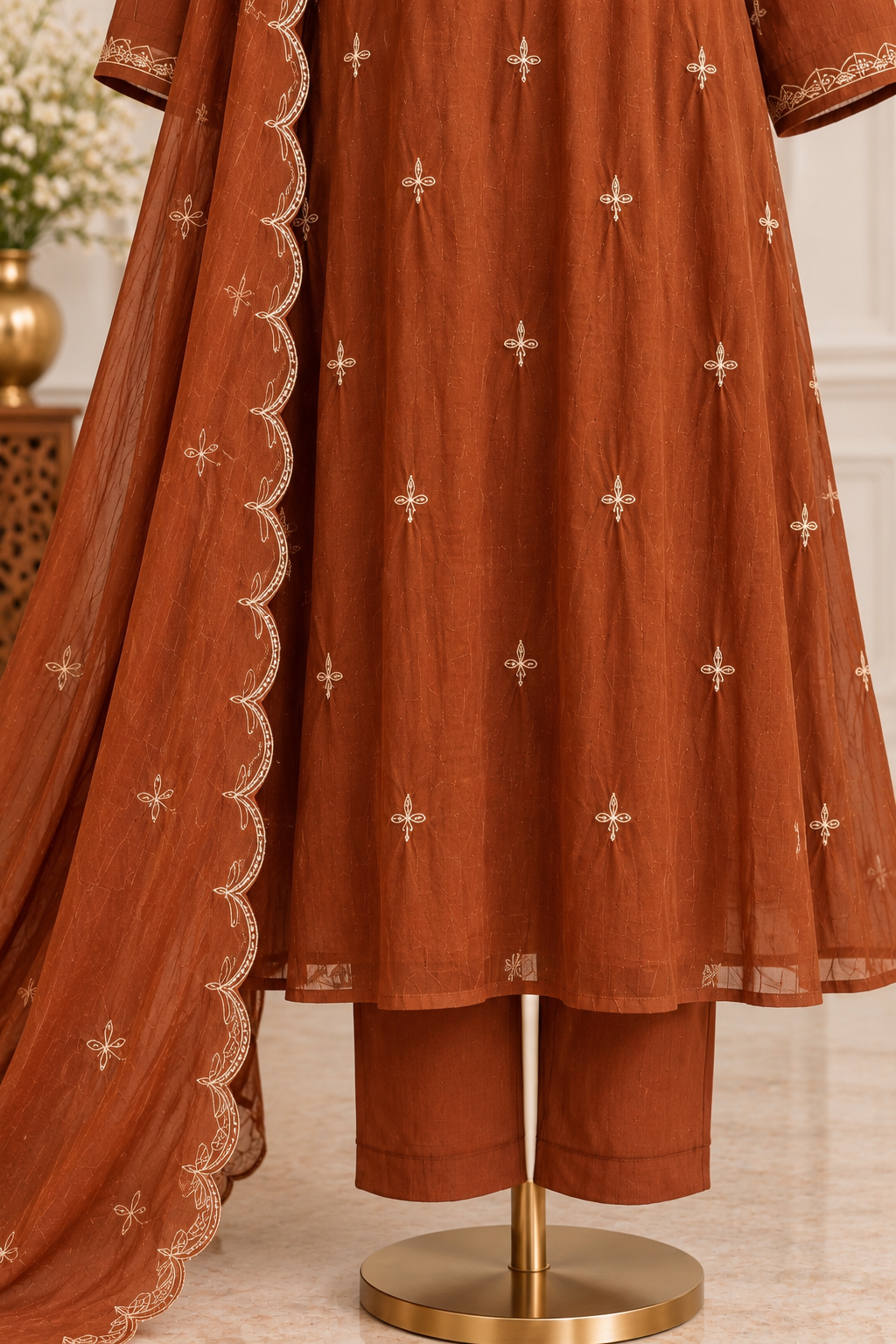 ✨Norah- Premium Chocolate Brown Mul Chanderi A Line Kurta Set ✨