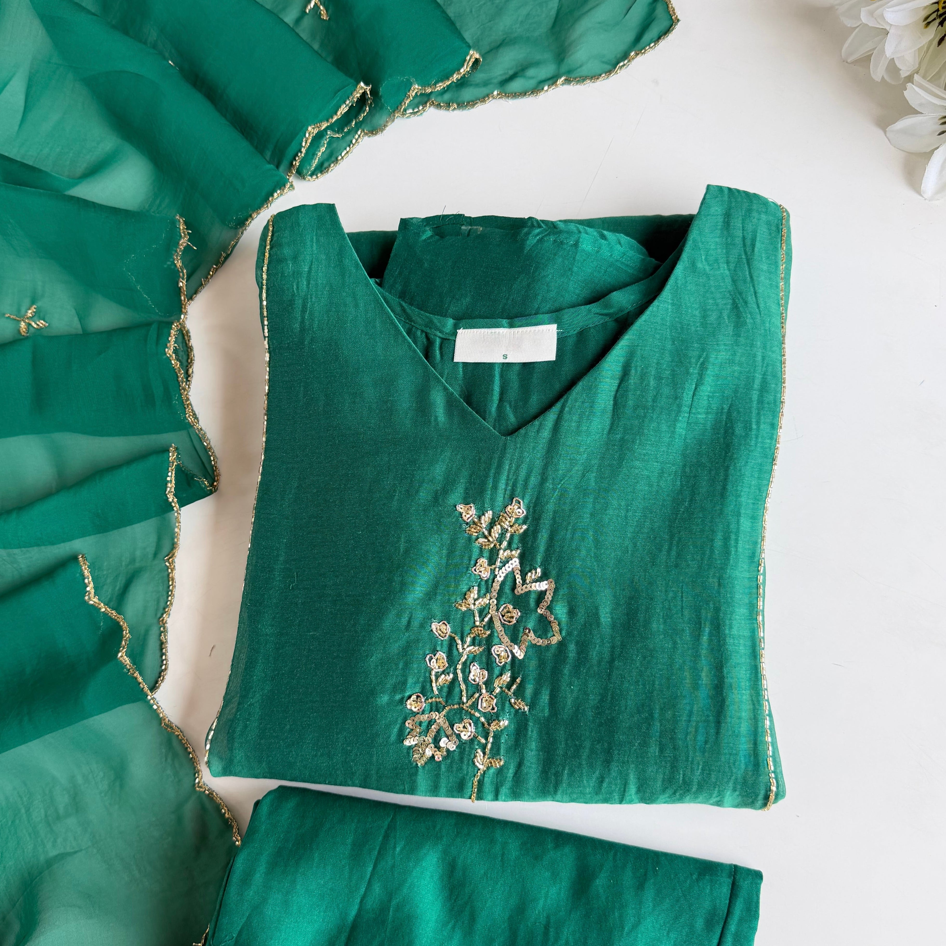 ✨”Rida - Premium Green Mul Chanderi A-Line Kurta Set
