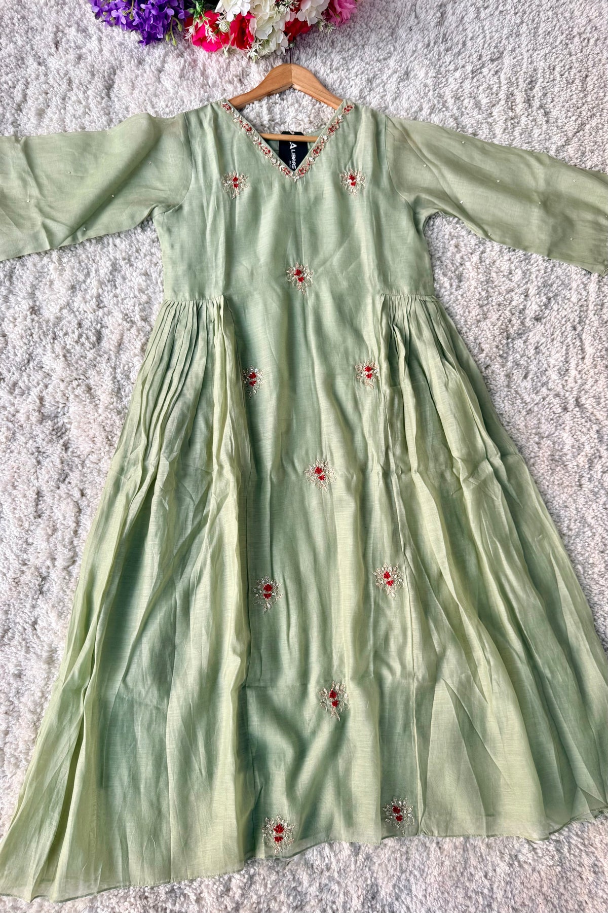 ✨Aabira – Premium Pista Green Mul Chanderi Anarkali kurti set