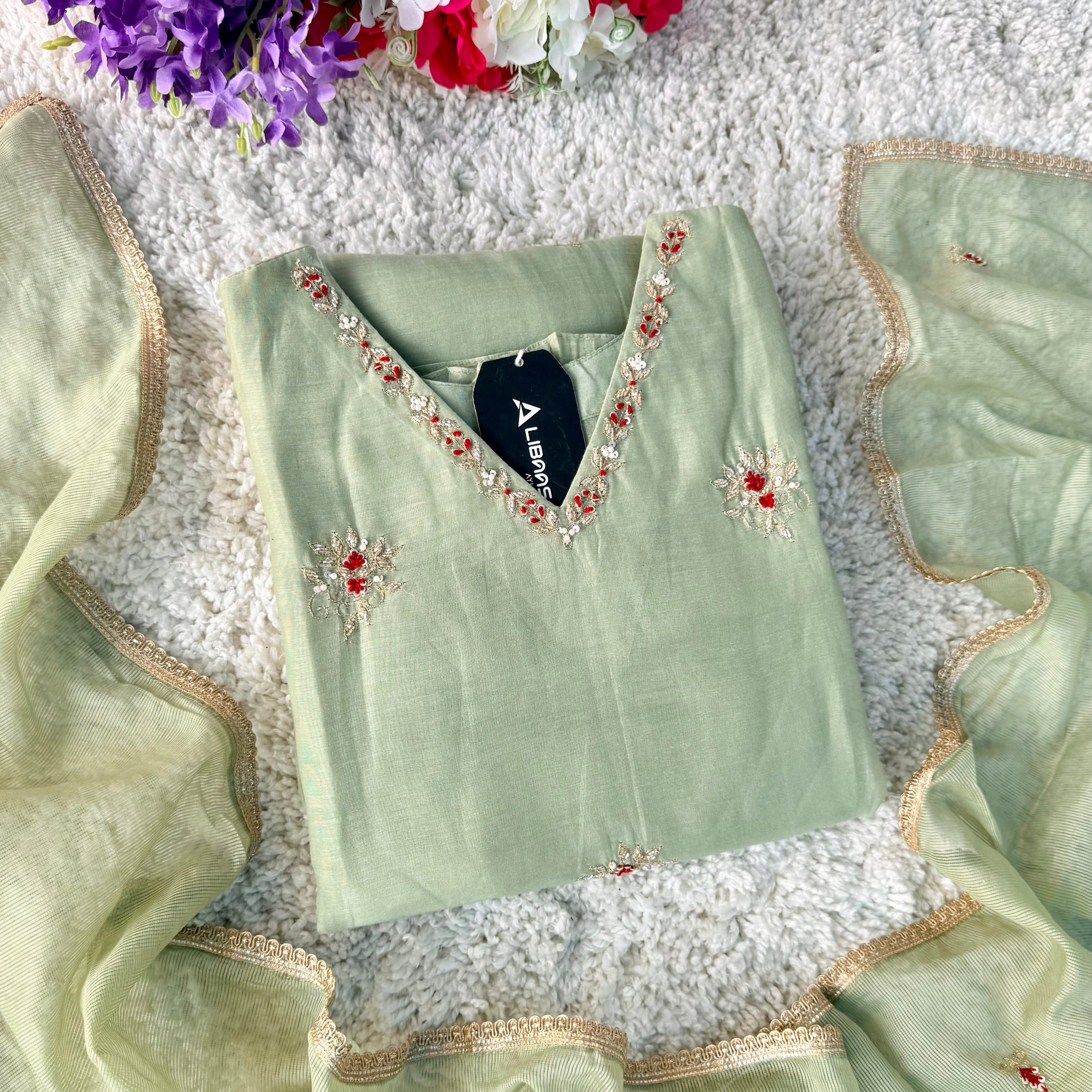 ✨Aabira – Premium Pista Green Mul Chanderi Anarkali kurti set