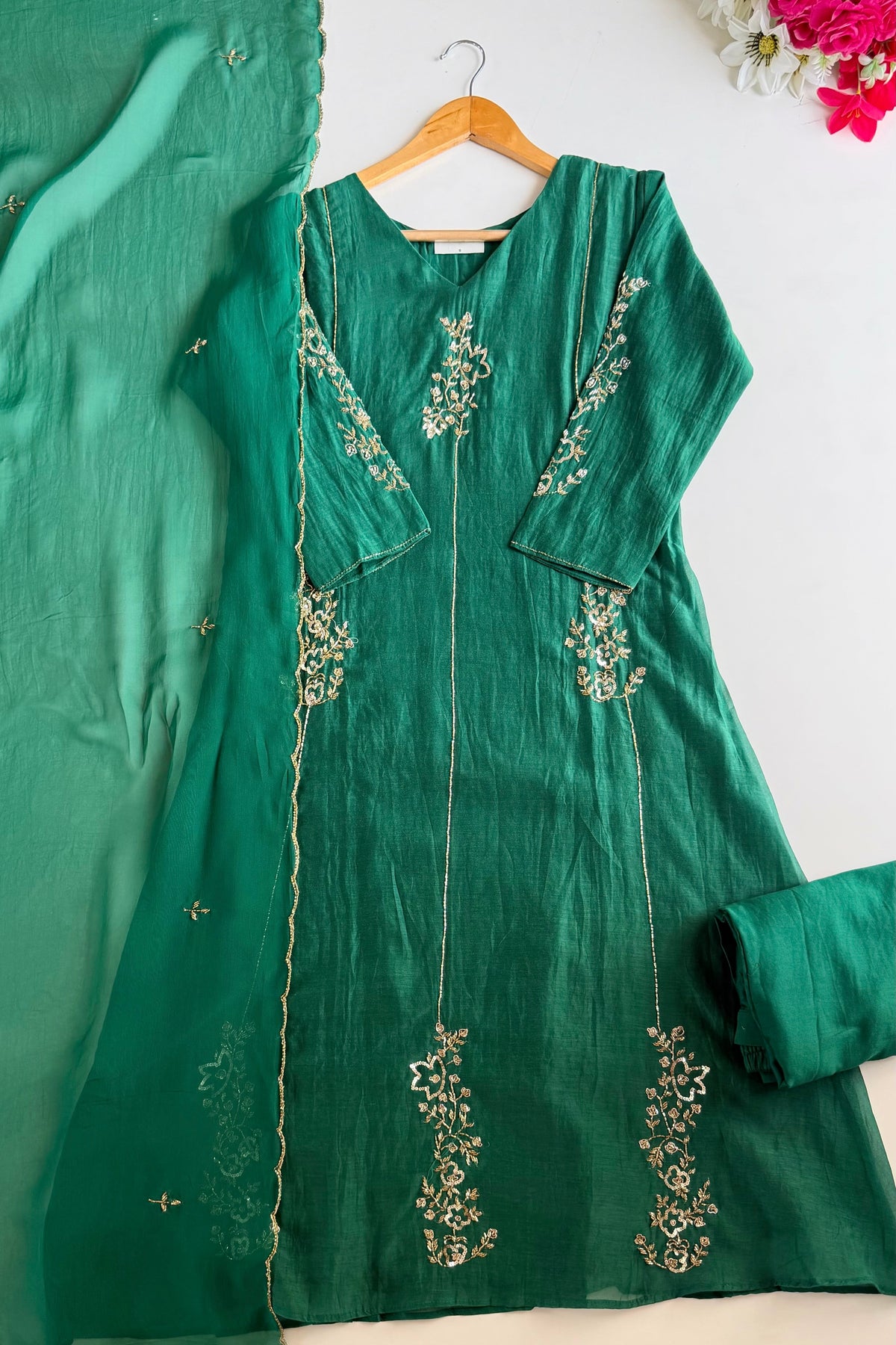 ✨”Rida - Premium Green Mul Chanderi A-Line Kurta Set