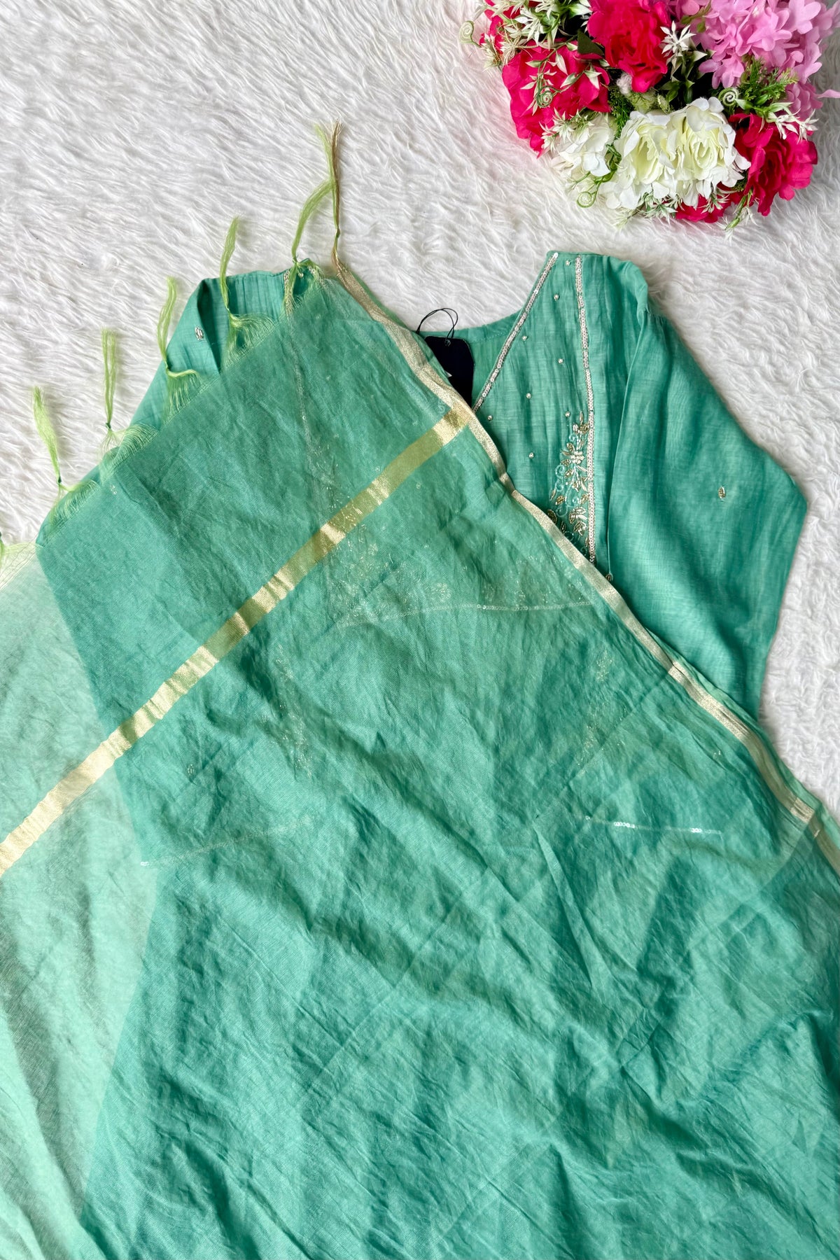 ✨ Gulnoor – Green Mul Chanderi A-Line Kurta Set with Dupatta